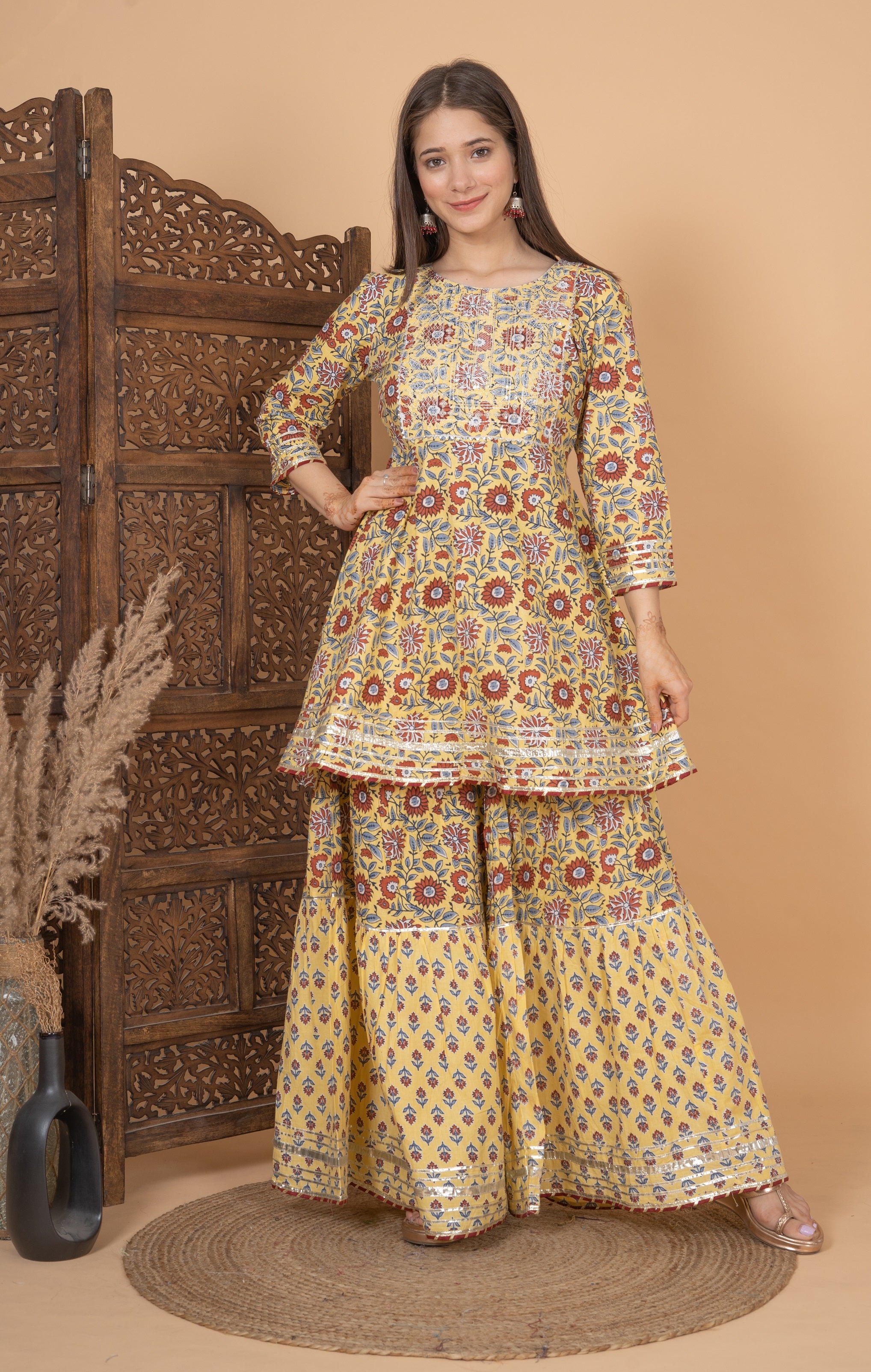 MEERA FAB Women Cotton Festive Embroidery Printed Kurta With Sharara & Dupatta