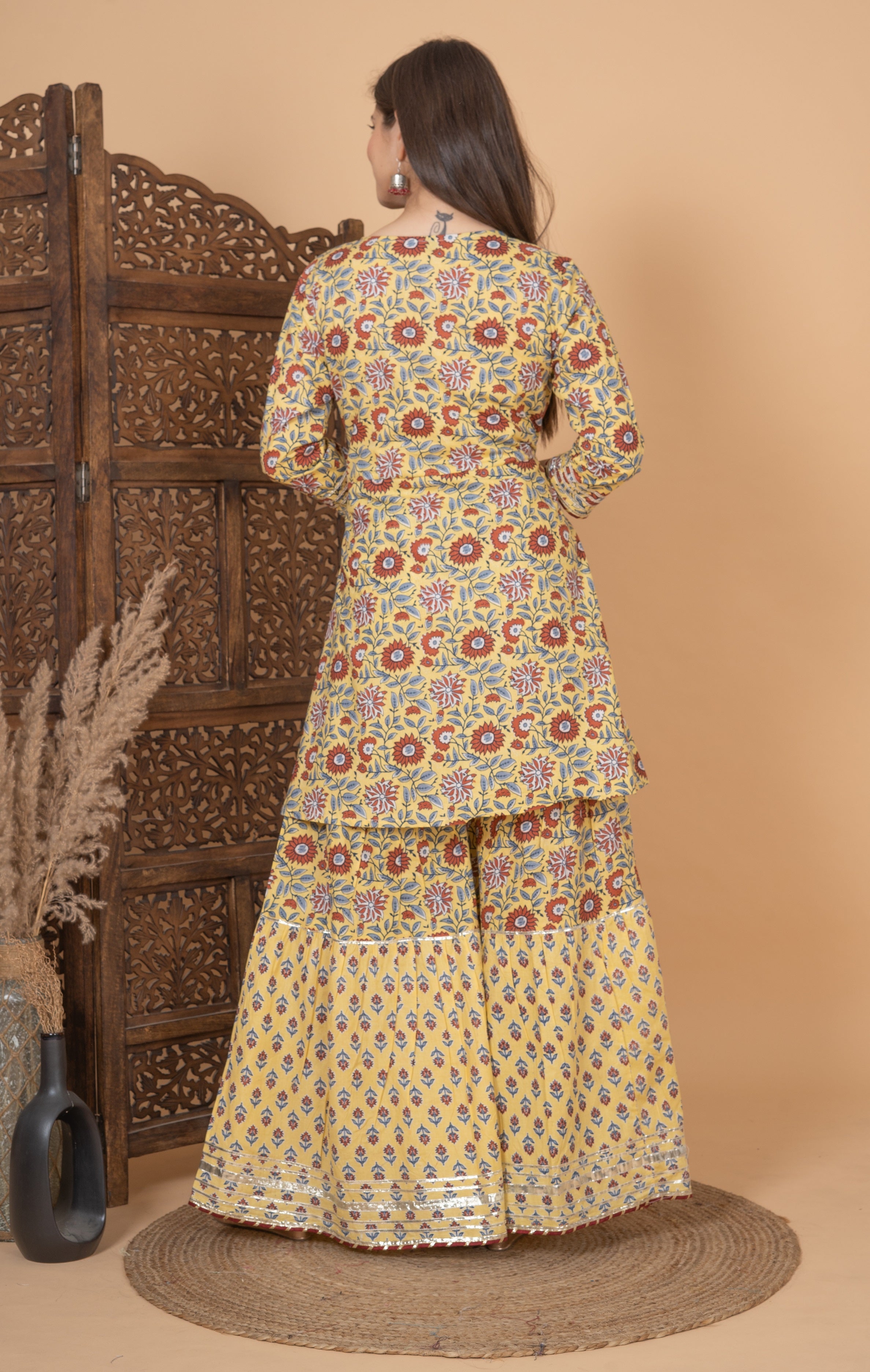 MEERA FAB Women Cotton Festive Embroidery Printed Kurta With Sharara & Dupatta