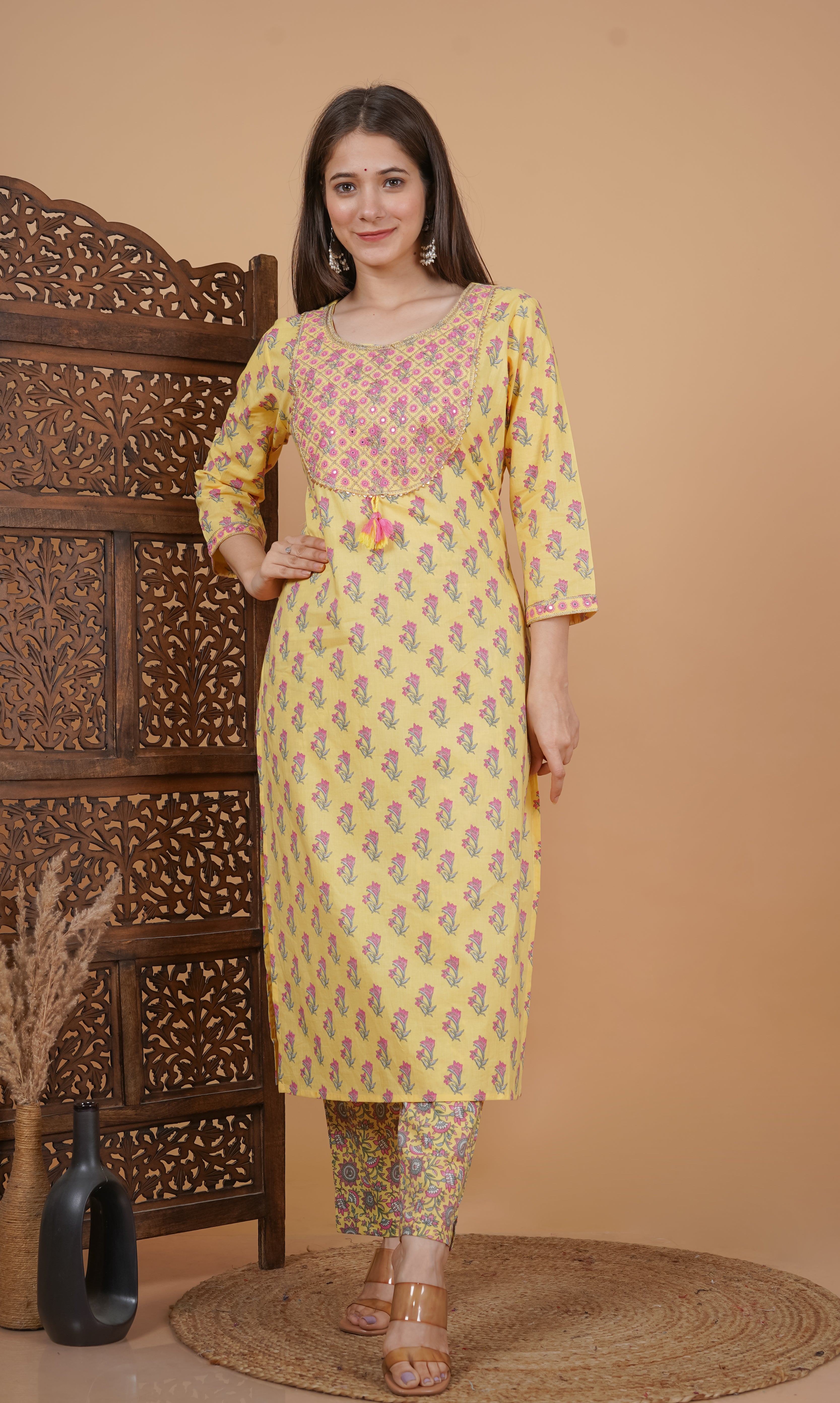 MEERA FAB Women's Cotton Printed Straight Embroidery Kurta with Palazzo & Dupatta Set