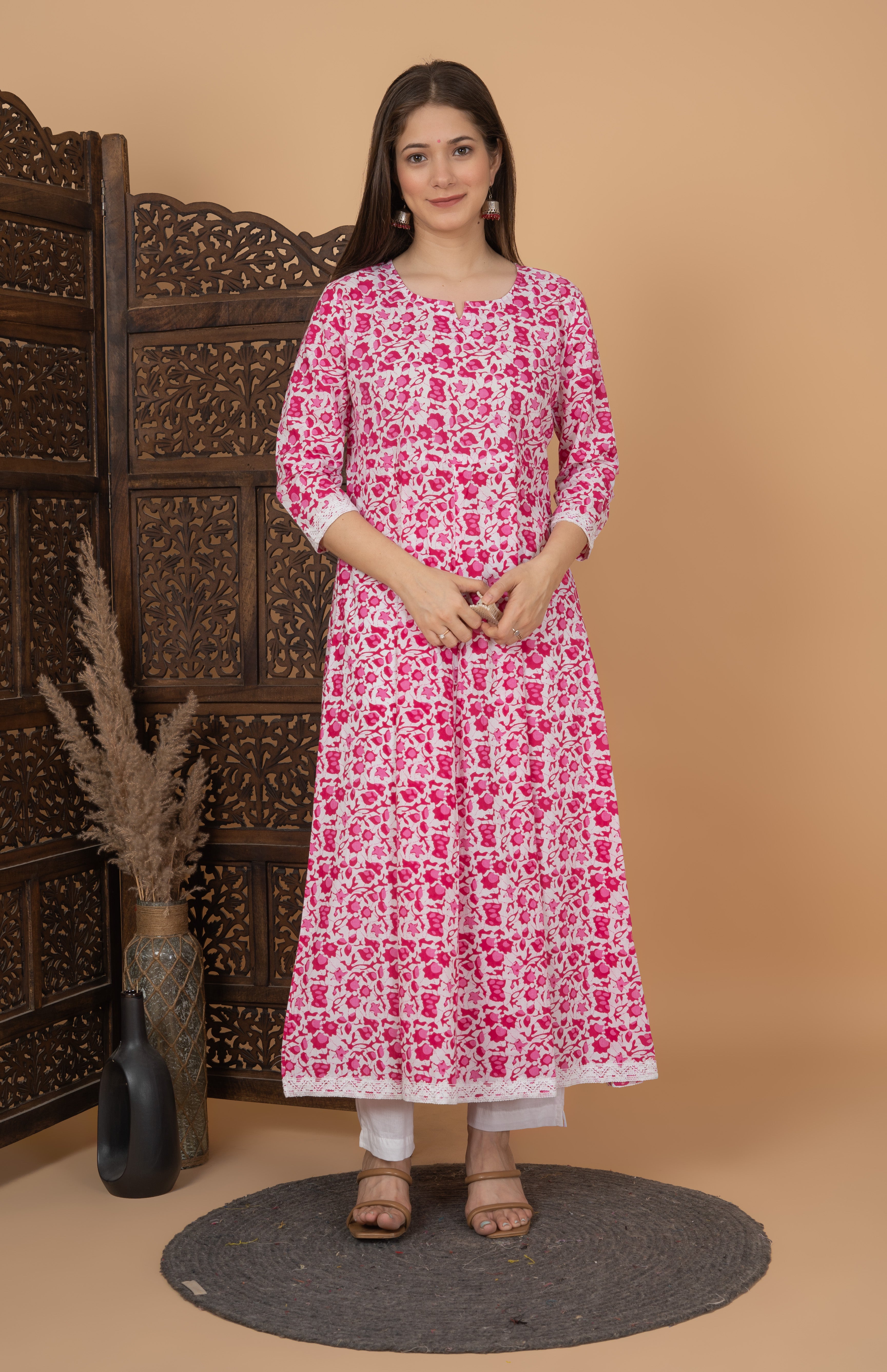 MEERA FAB Women's Cotton Printed Anarkali Kurta with Palazzo & Dupatta Set