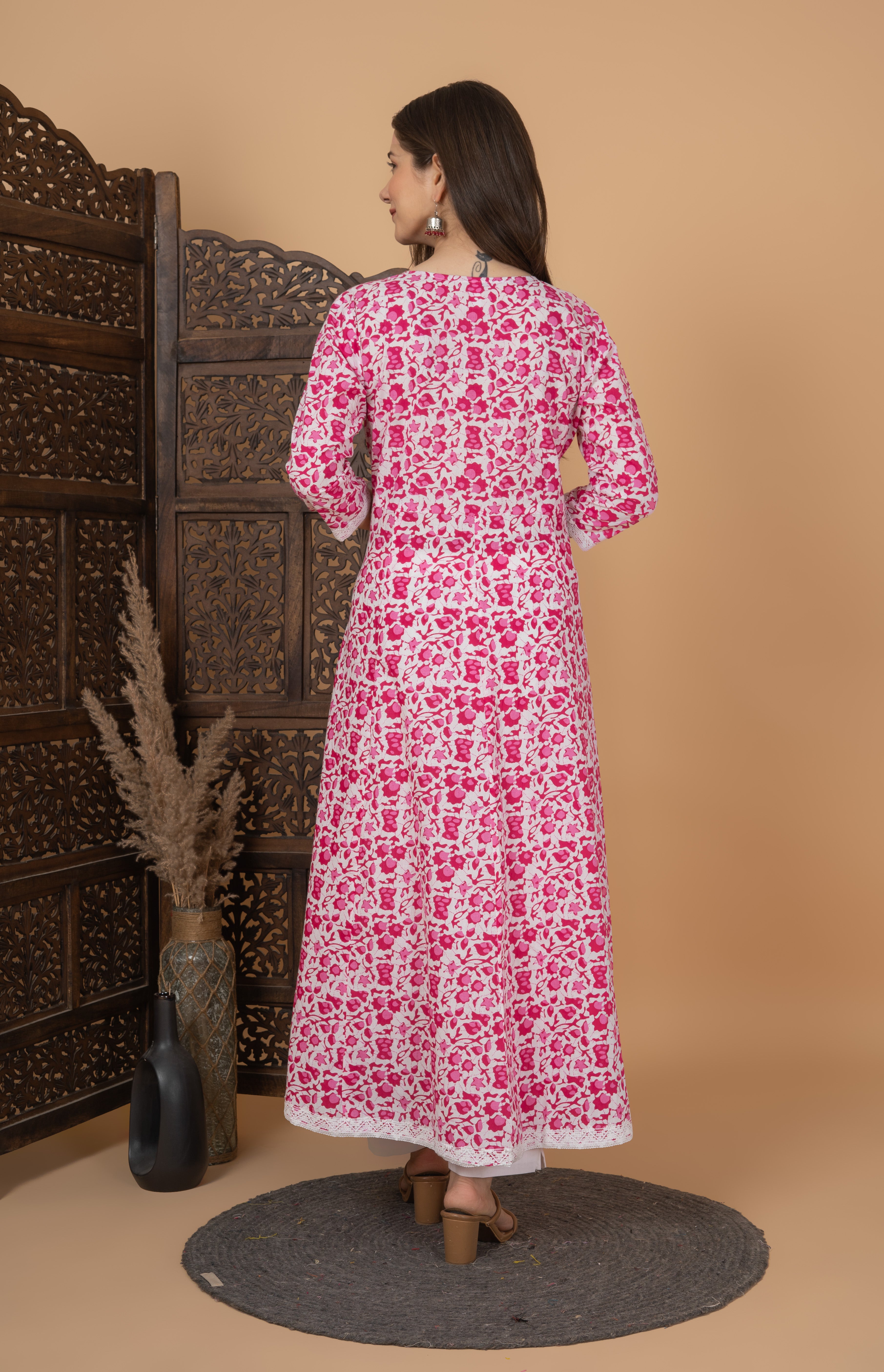 MEERA FAB Women's Cotton Printed Anarkali Kurta with Palazzo & Dupatta Set
