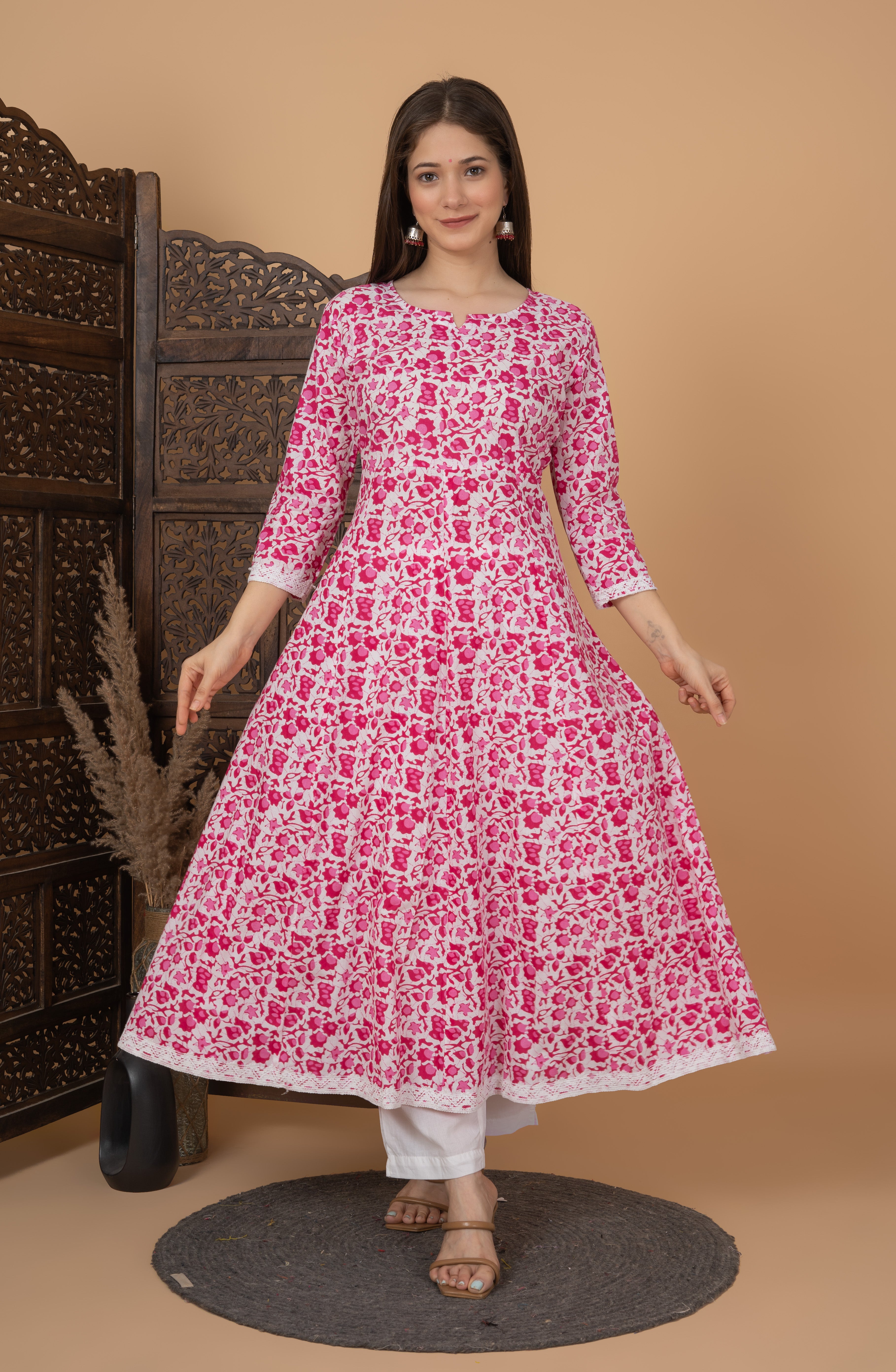 MEERA FAB Women's Cotton Printed Anarkali Kurta with Palazzo & Dupatta Set