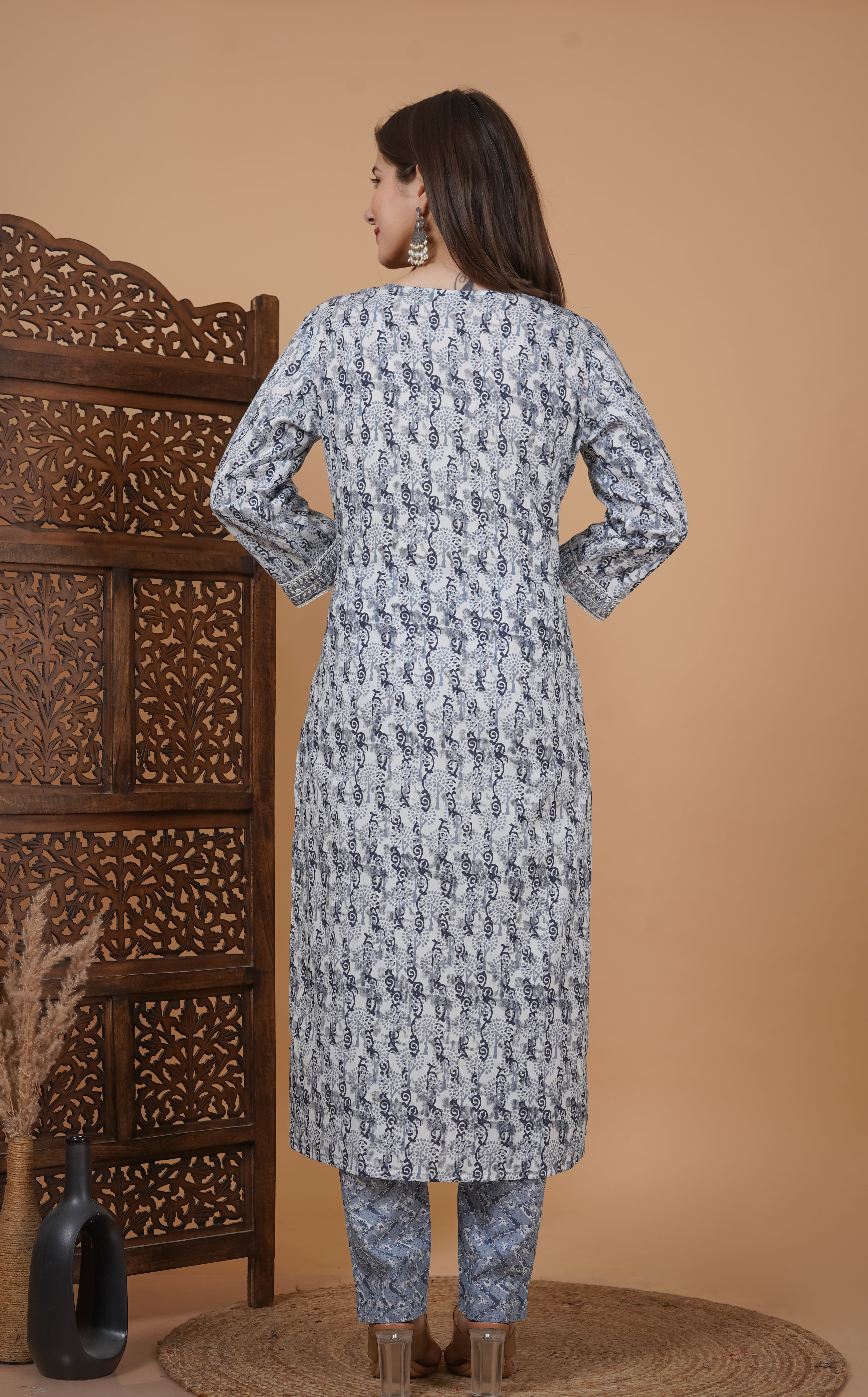 MEERA FAB Women's Cotton Printed Straight Embroidery Kurta with Palazzo & Dupatta Set