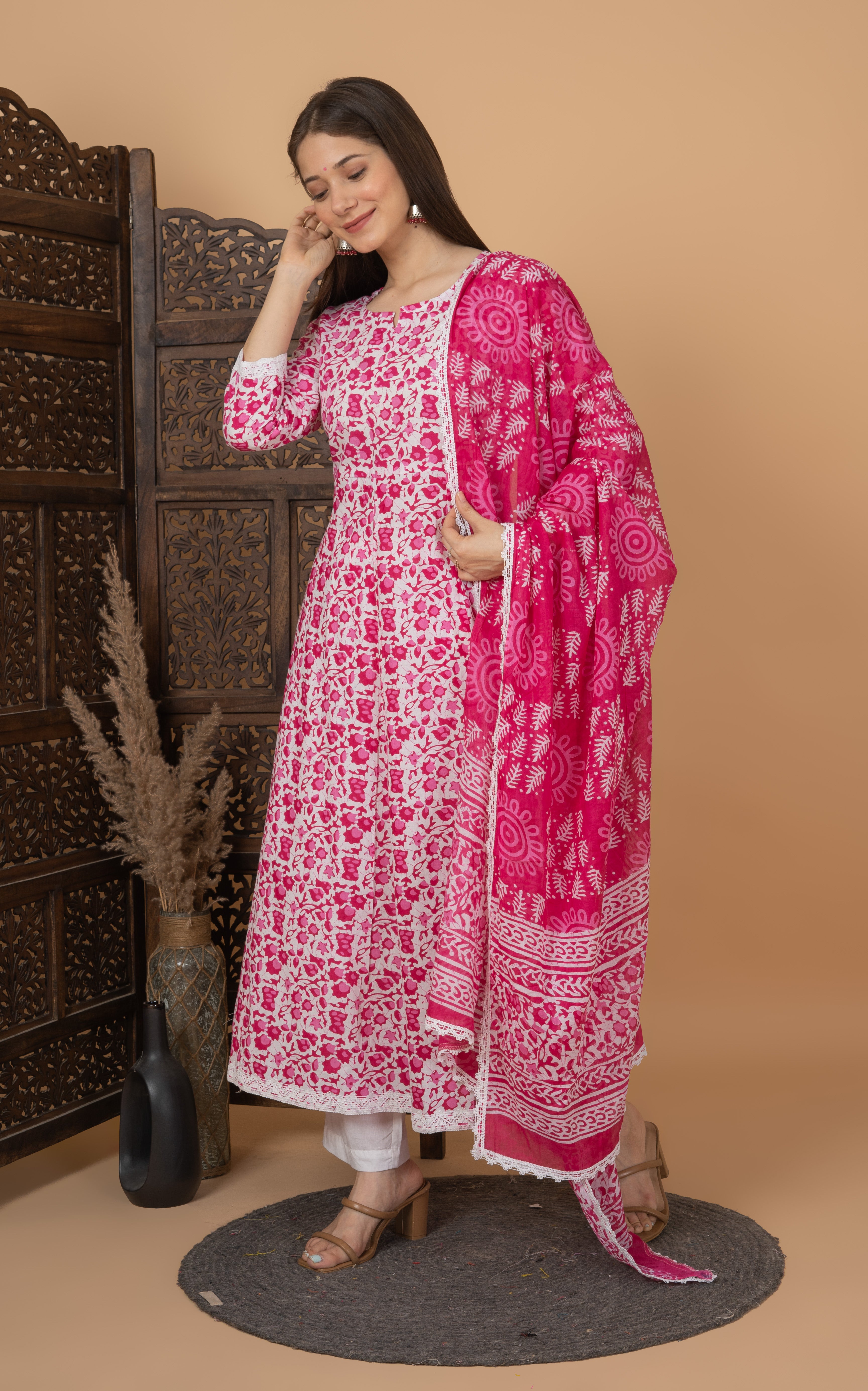 MEERA FAB Women's Cotton Printed Anarkali Kurta with Palazzo & Dupatta Set