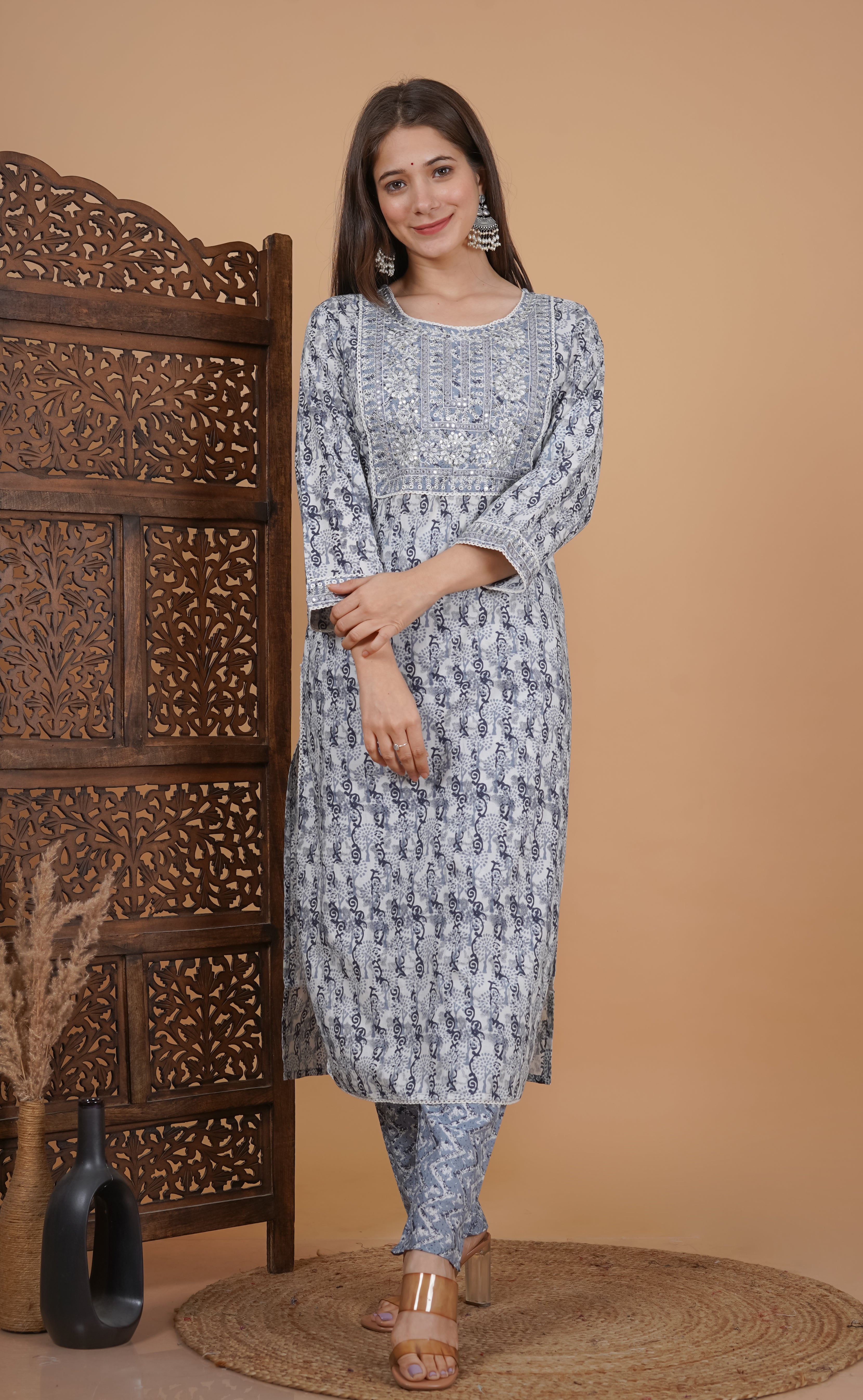 MEERA FAB Women's Cotton Printed Straight Embroidery Kurta with Palazzo & Dupatta Set