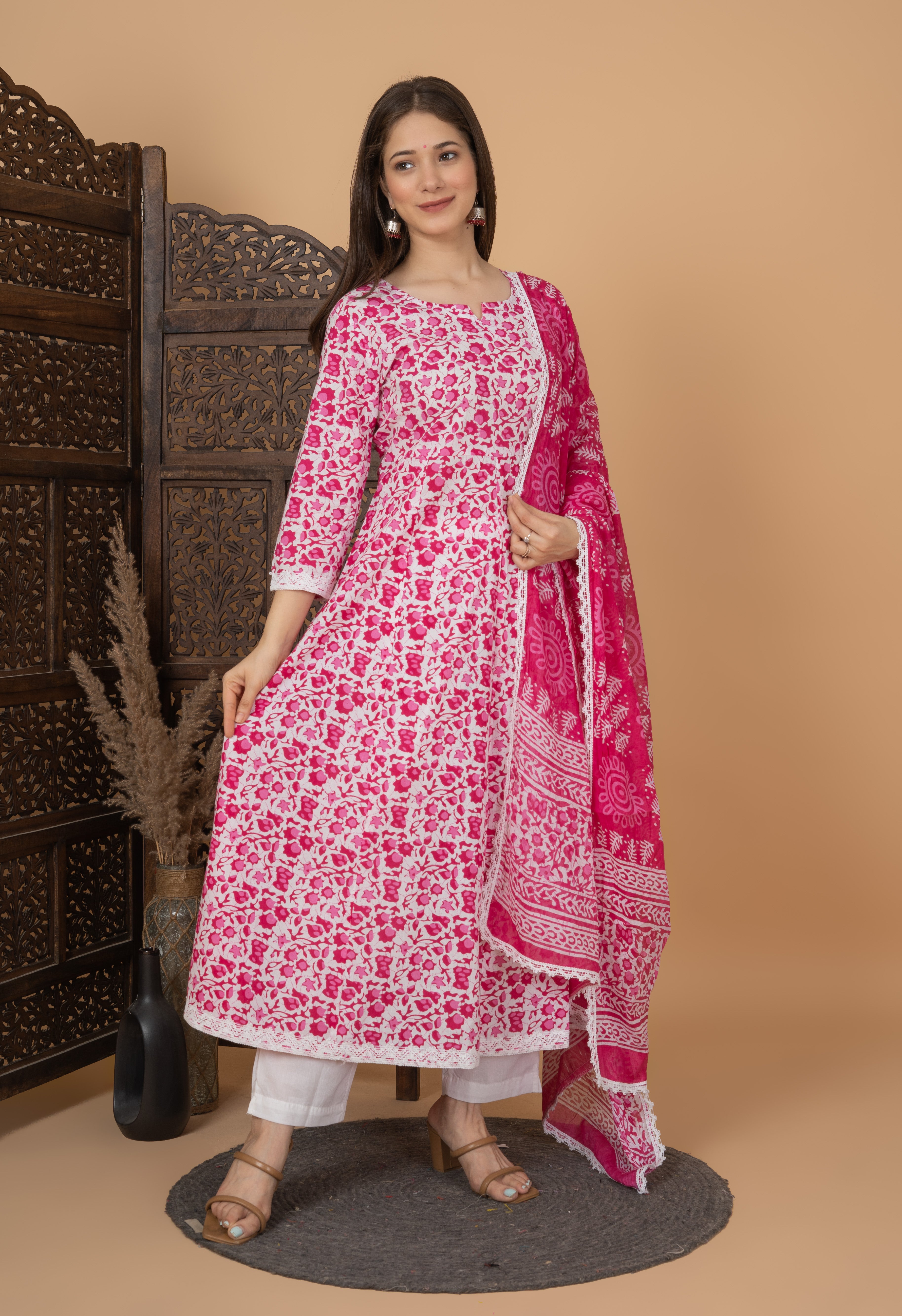 MEERA FAB Women's Cotton Printed Anarkali Kurta with Palazzo & Dupatta Set