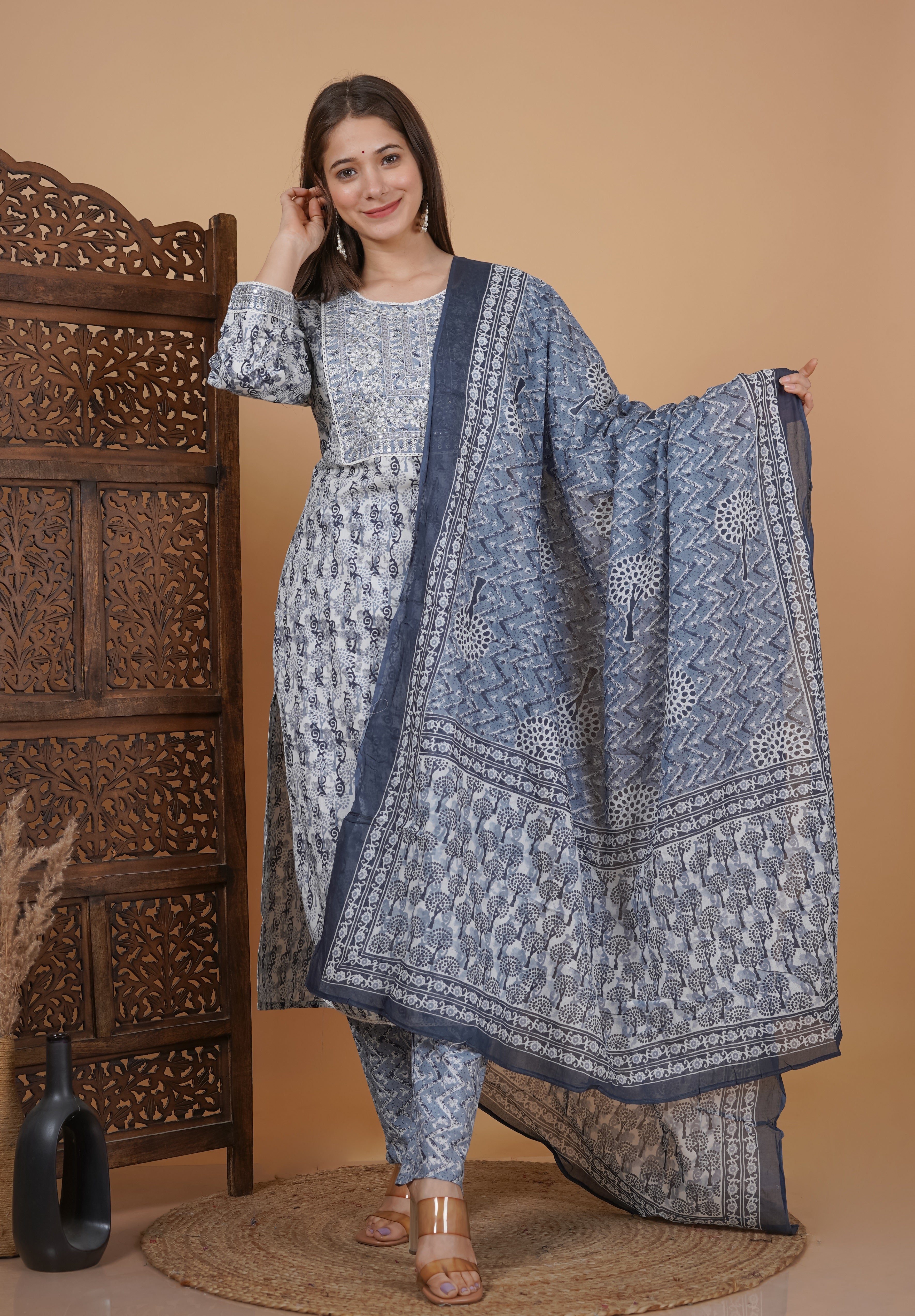 MEERA FAB Women's Cotton Printed Straight Embroidery Kurta with Palazzo & Dupatta Set