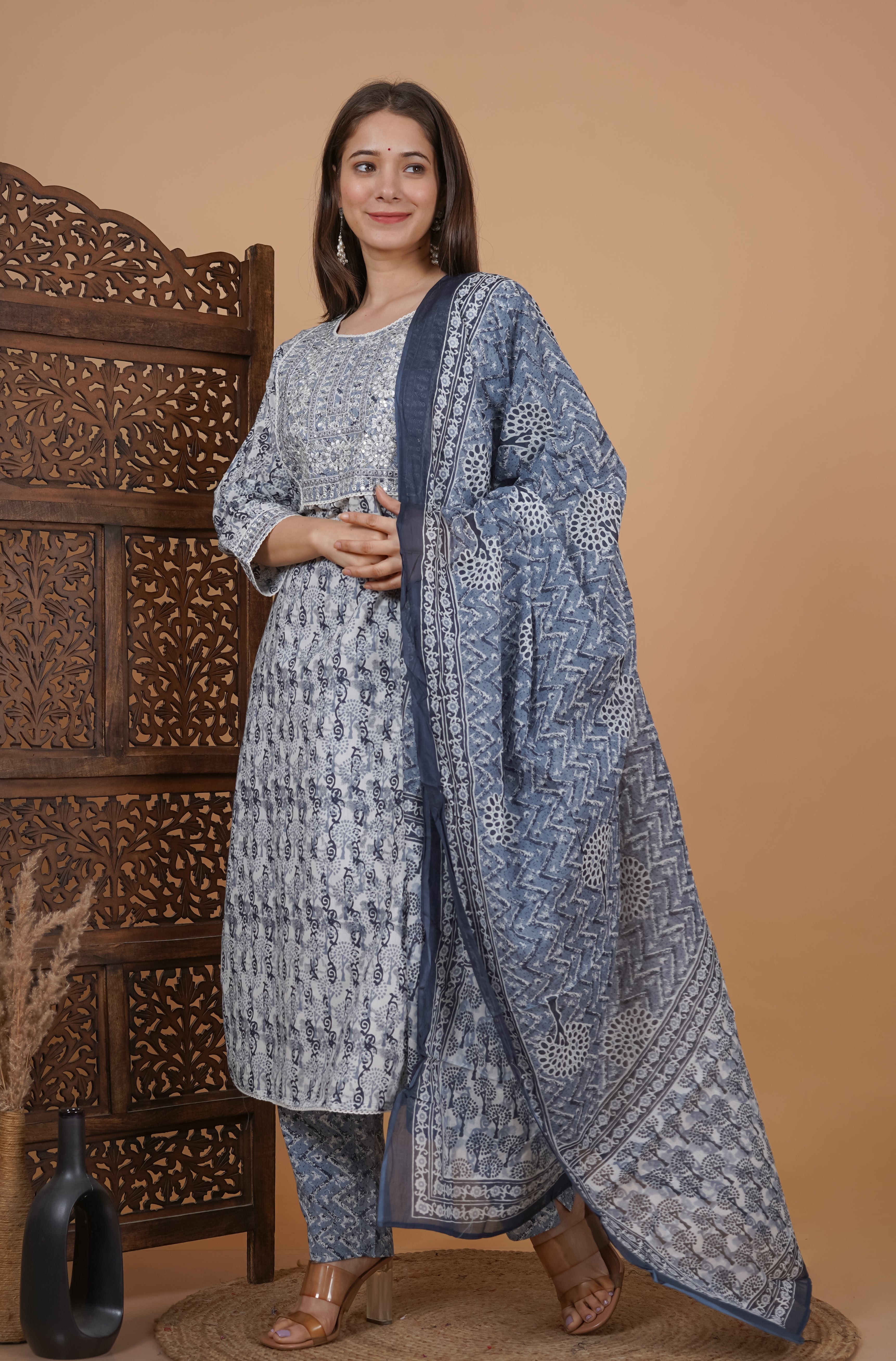 MEERA FAB Women's Cotton Printed Straight Embroidery Kurta with Palazzo & Dupatta Set