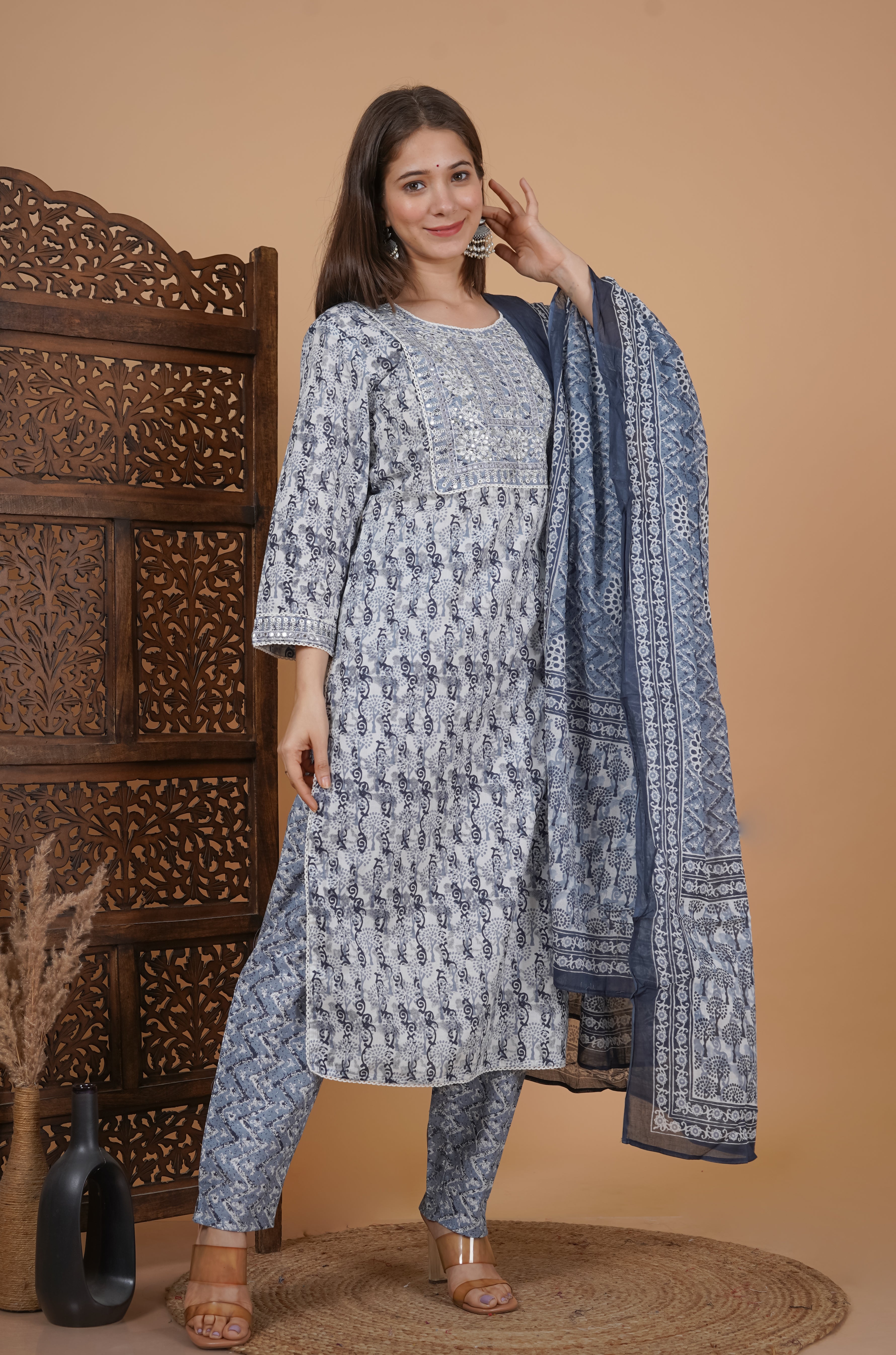 MEERA FAB Women's Cotton Printed Straight Embroidery Kurta with Palazzo & Dupatta Set