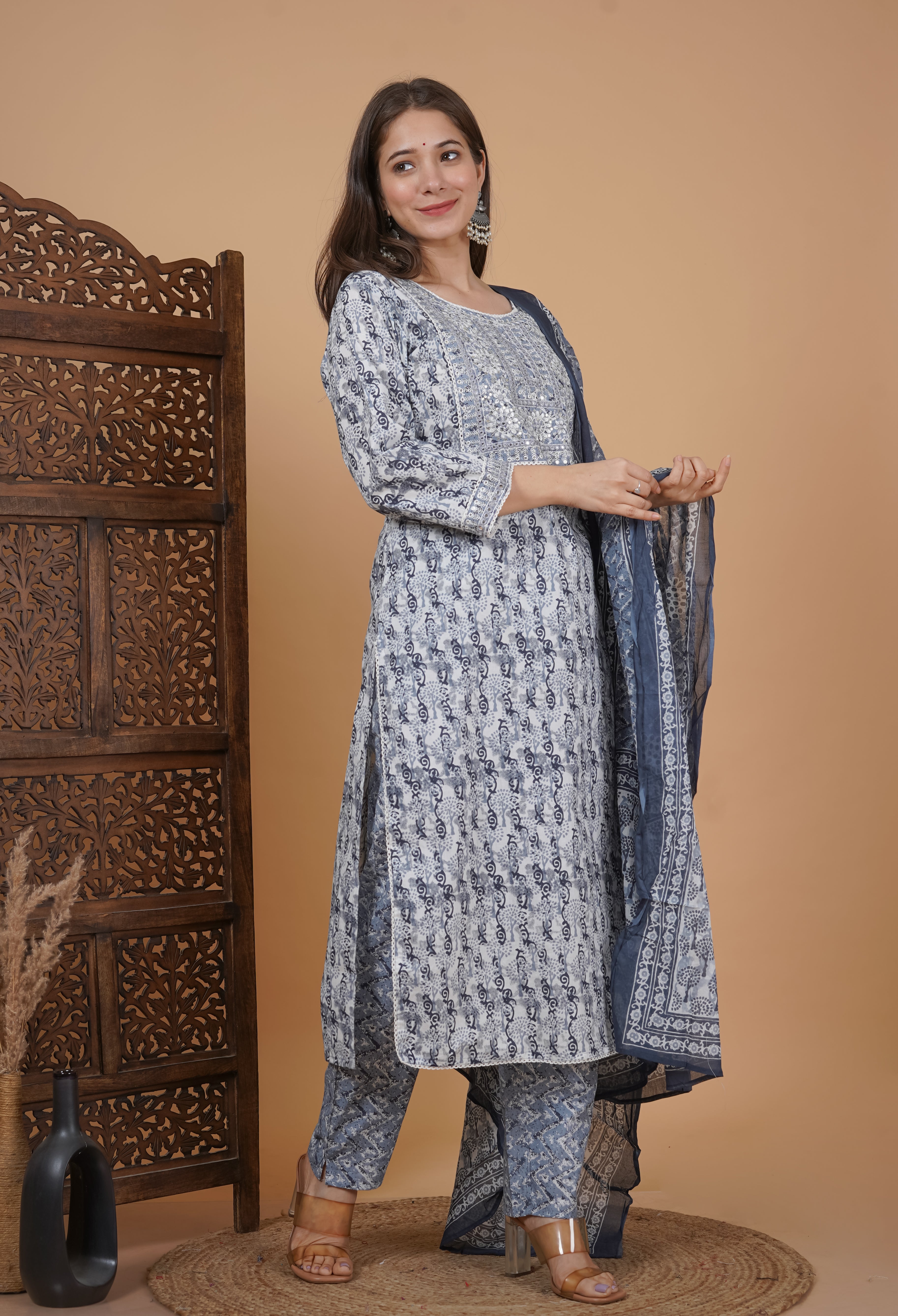 MEERA FAB Women's Cotton Printed Straight Embroidery Kurta with Palazzo & Dupatta Set