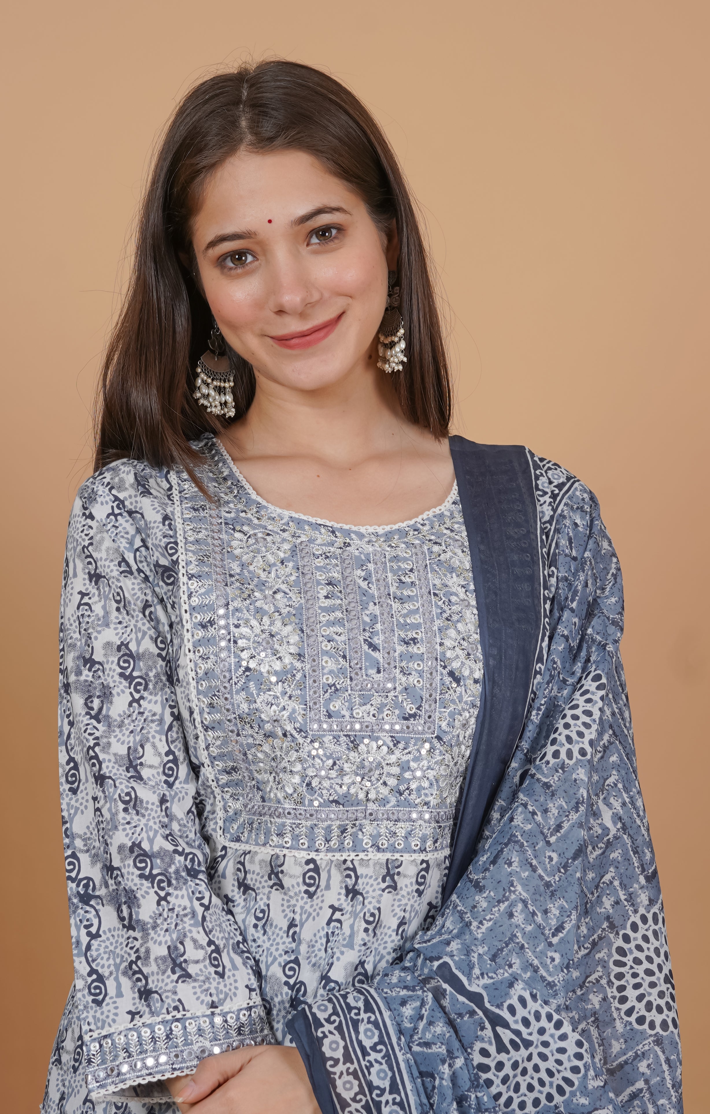 MEERA FAB Women's Cotton Printed Straight Embroidery Kurta with Palazzo & Dupatta Set