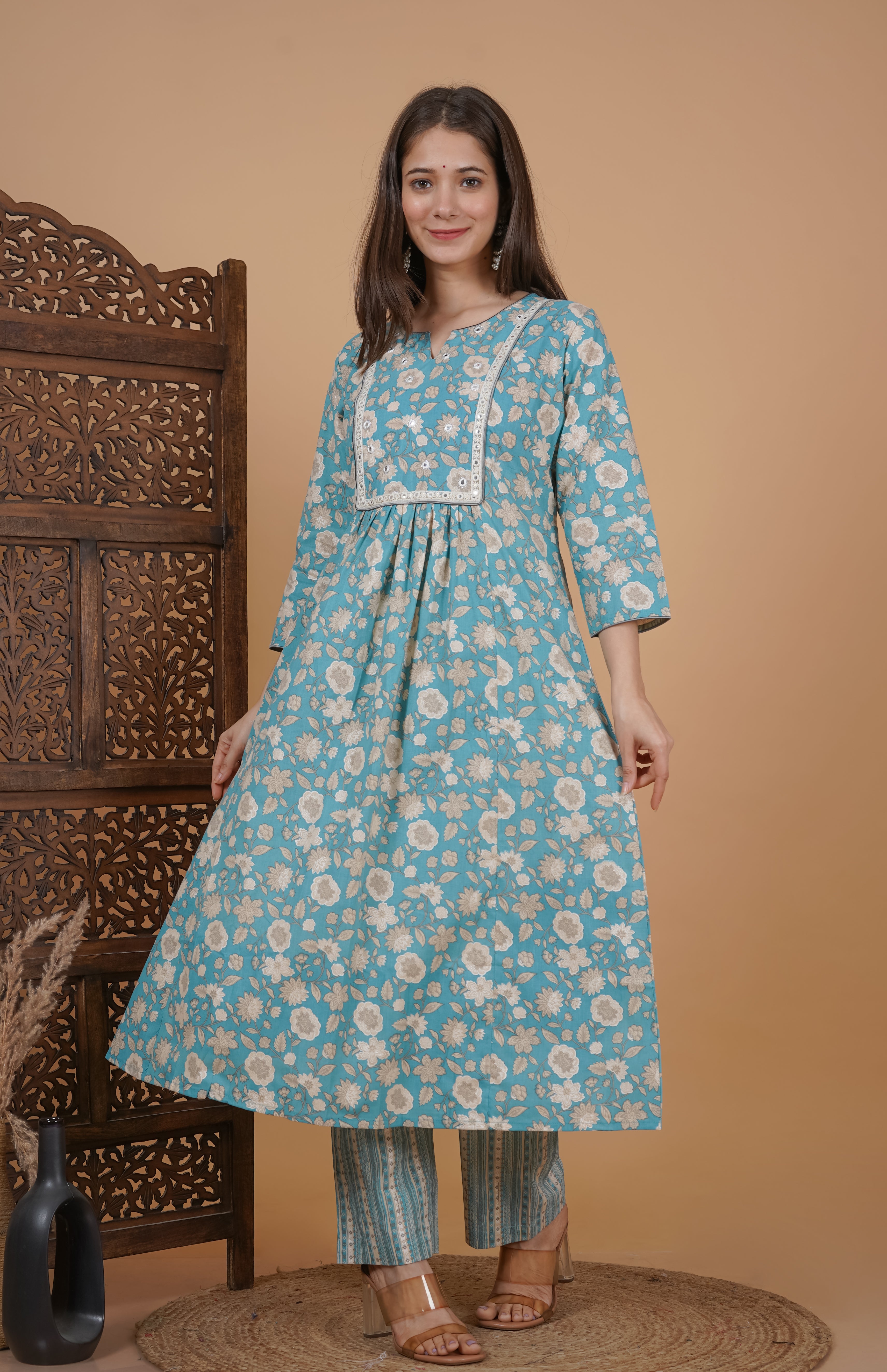 MEERA FAB Women's Cotton Printed Anarkali Kurta With Palazzo & Dupatta Set With Handwork