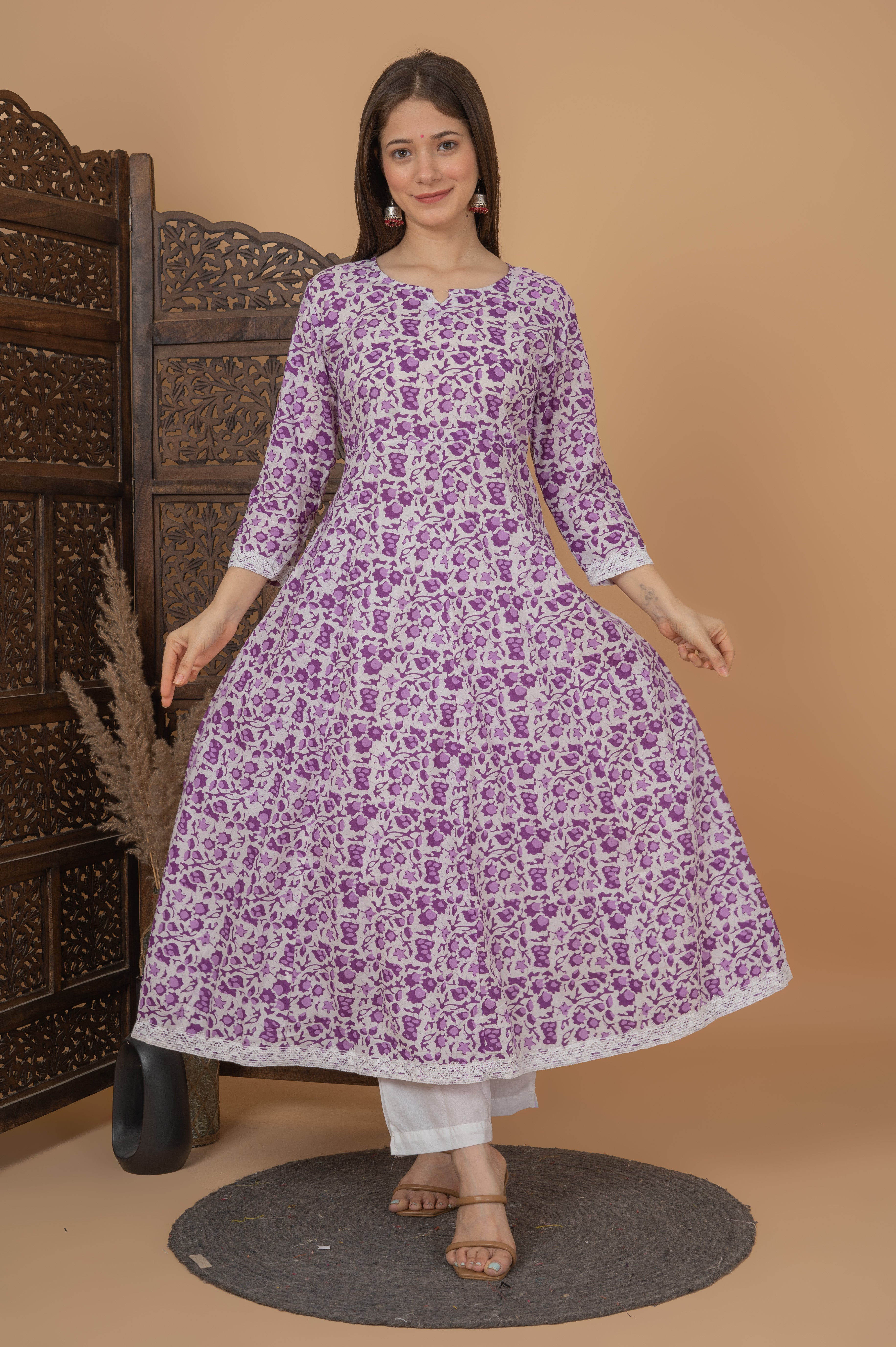 MEERA FAB Women's Cotton Printed Anarkali Kurta with Palazzo & Dupatta Set