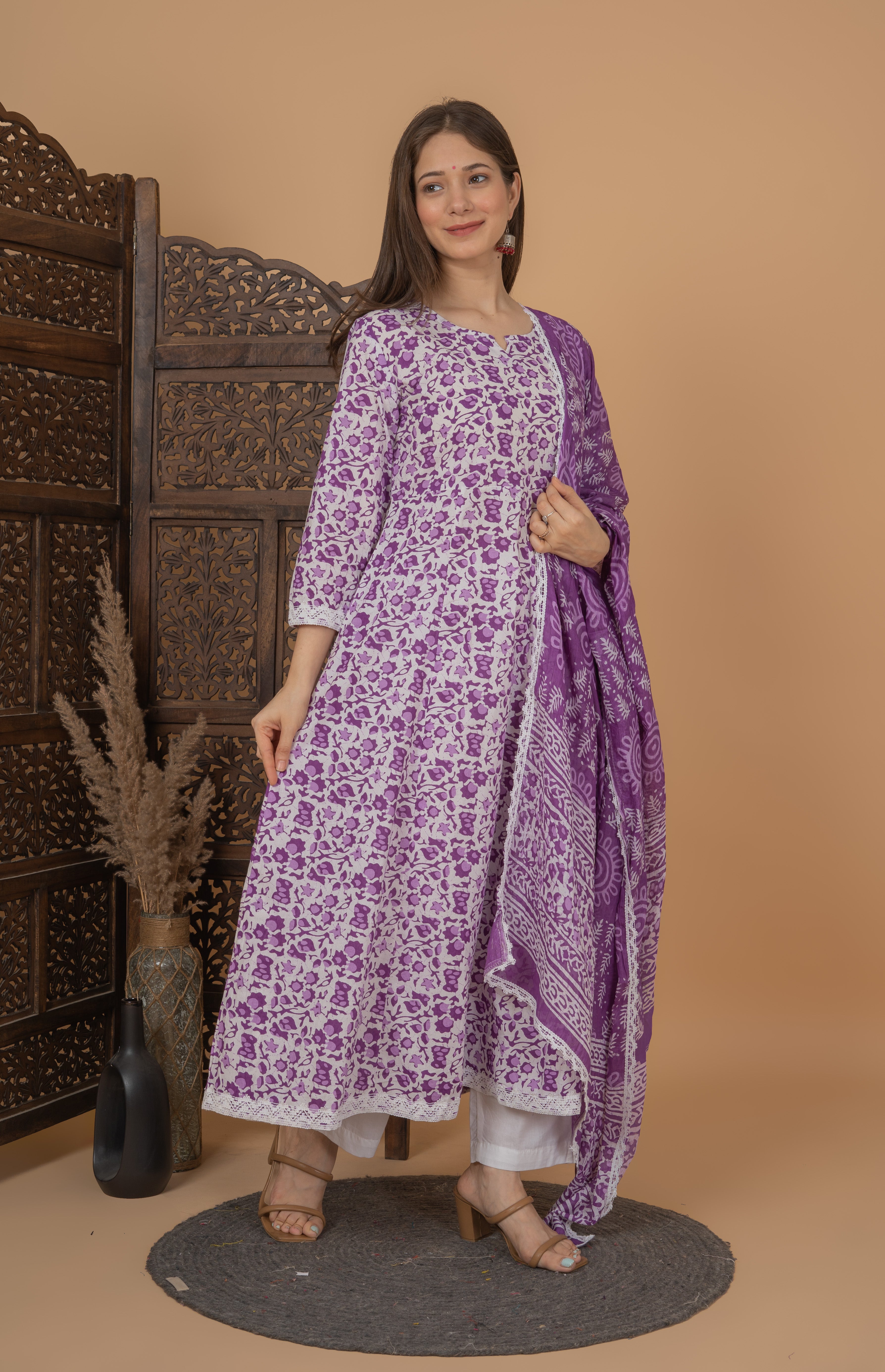 MEERA FAB Women's Cotton Printed Anarkali Kurta with Palazzo & Dupatta Set
