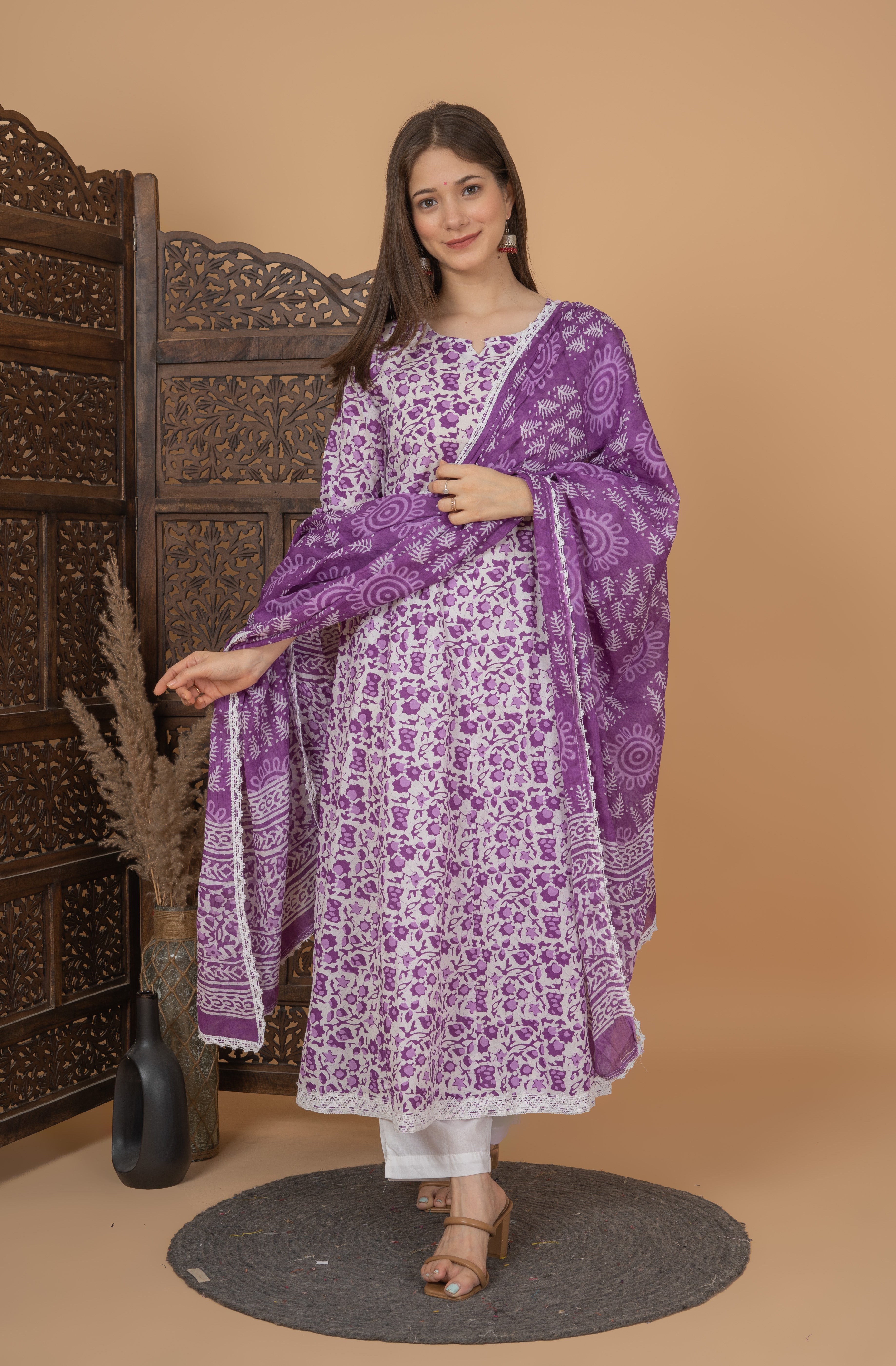 MEERA FAB Women's Cotton Printed Anarkali Kurta with Palazzo & Dupatta Set