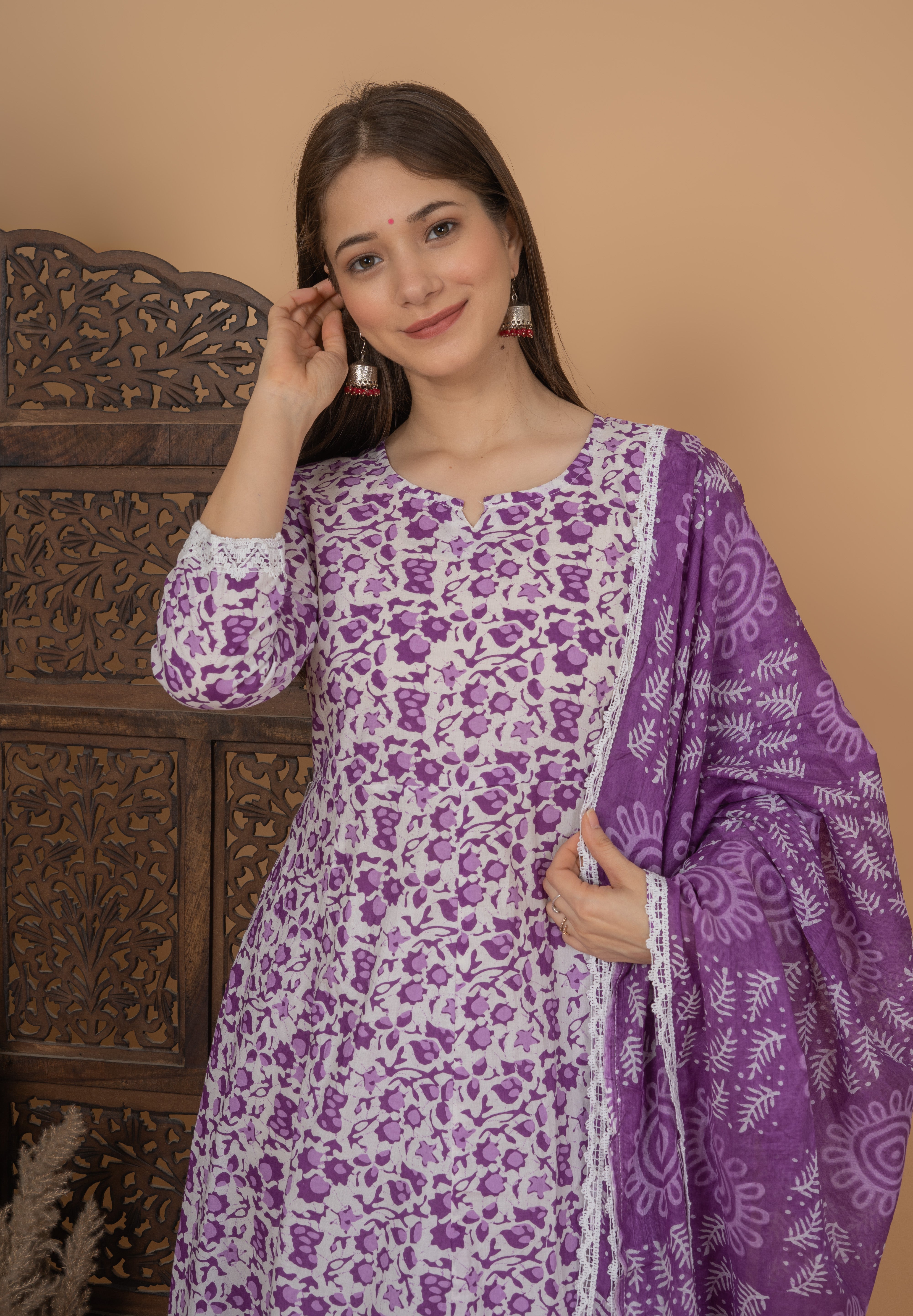 MEERA FAB Women's Cotton Printed Anarkali Kurta with Palazzo & Dupatta Set