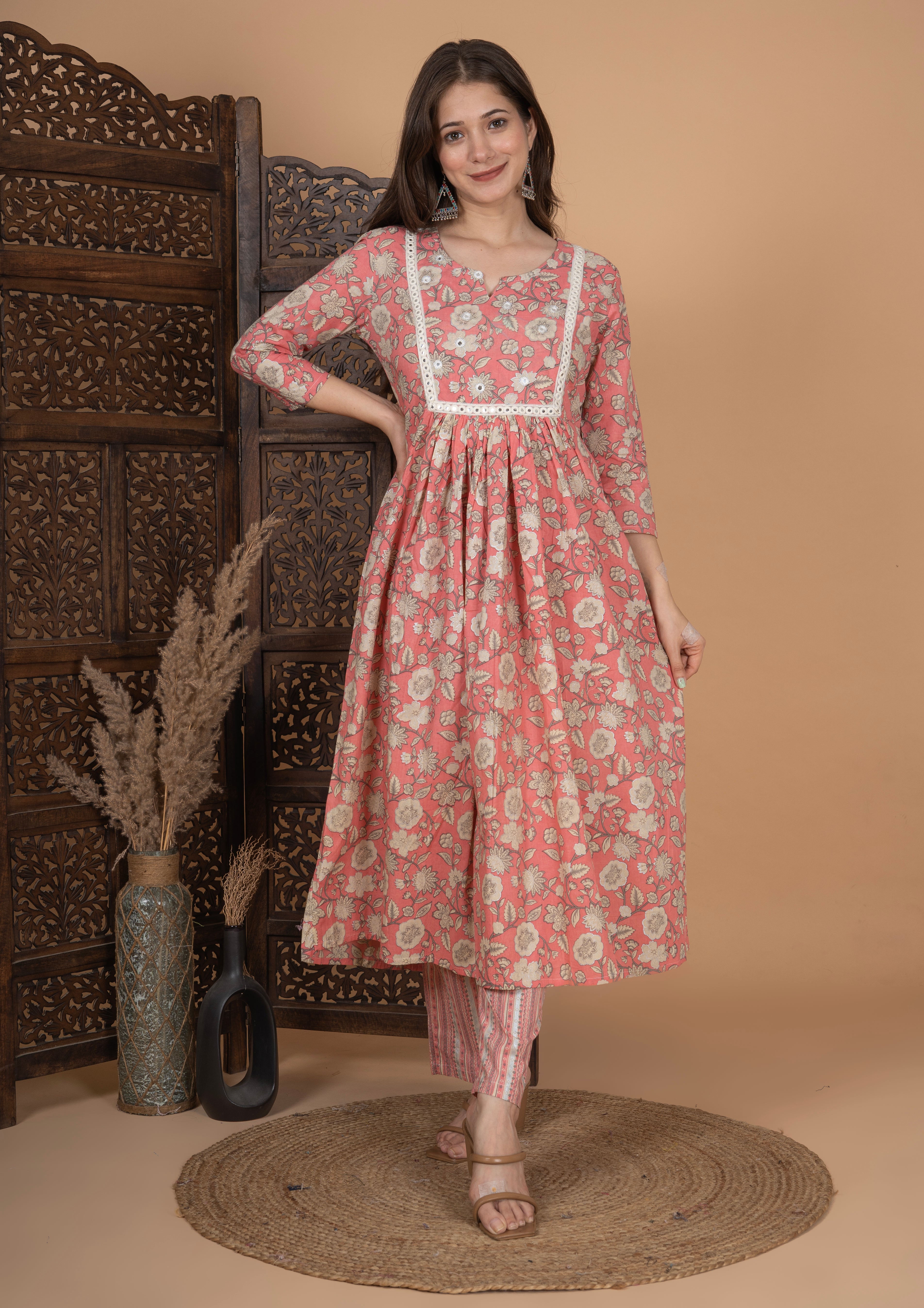 MEERA FAB Women's Cotton Printed Anarkali Kurta With Palazzo & Dupatta Set With Handwork