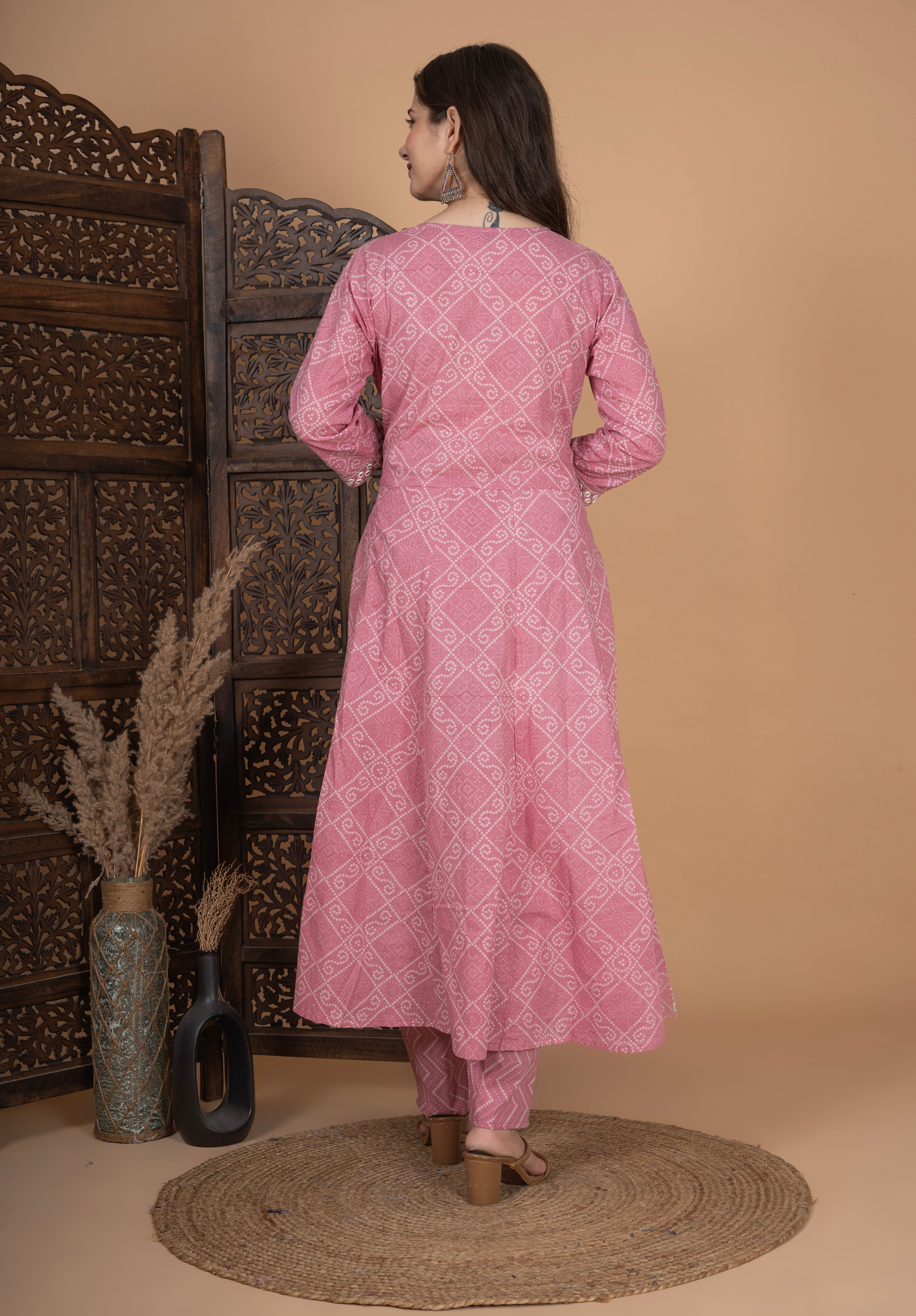 MEERA FAB Women's Cotton Printed Pink Anarkali Kurta with Palazzo & Dupatta Set