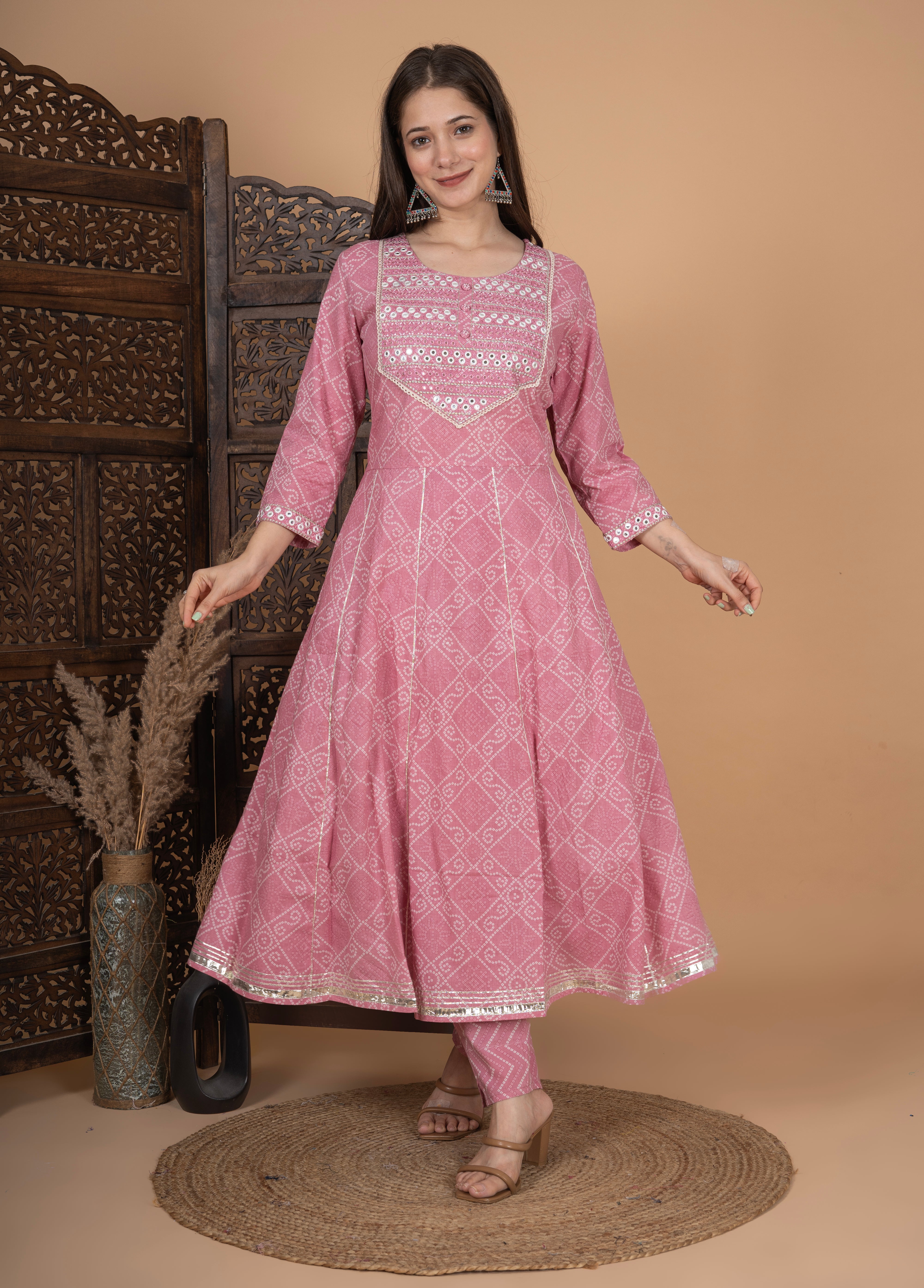 MEERA FAB Women's Cotton Printed Pink Anarkali Kurta with Palazzo & Dupatta Set