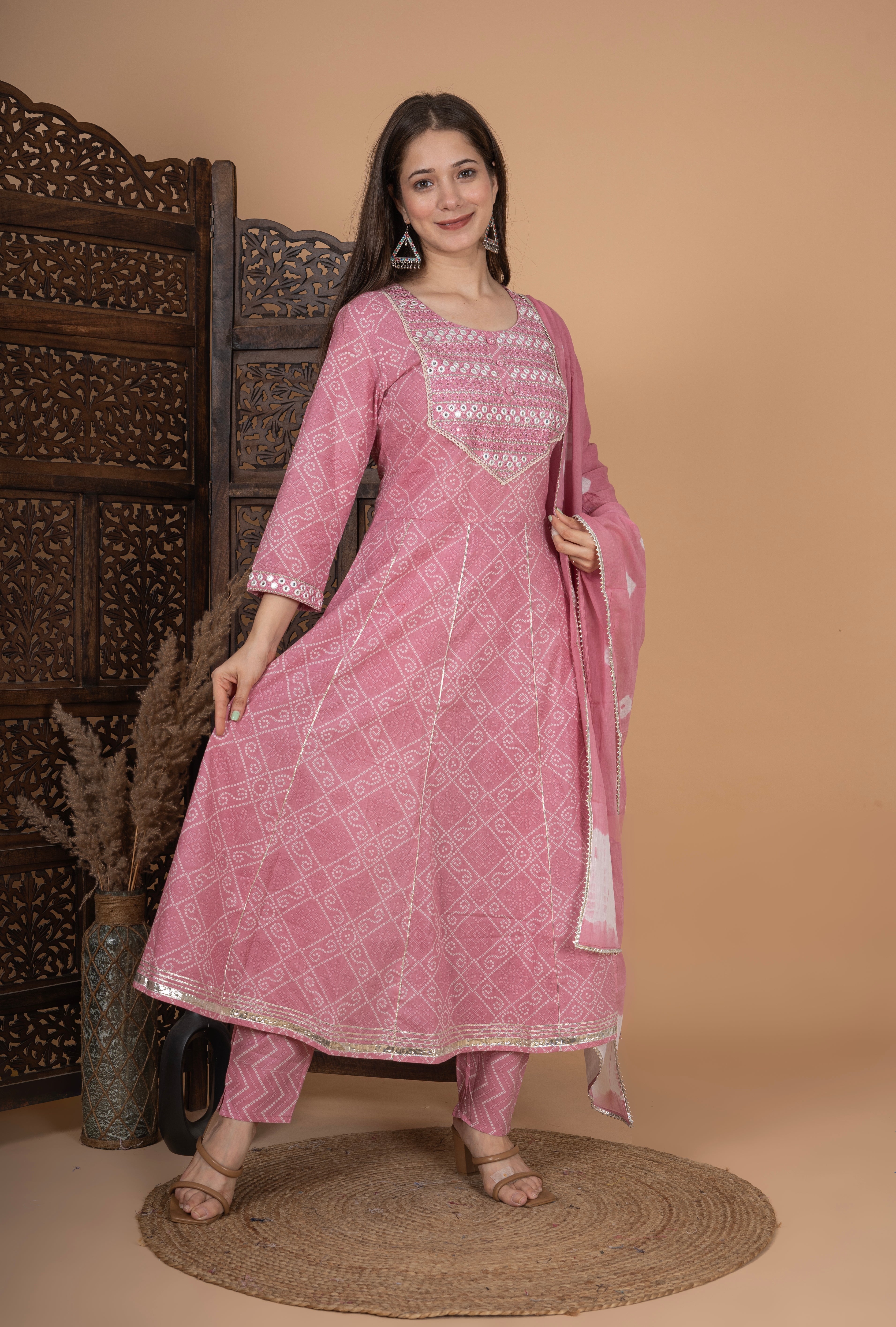 MEERA FAB Women's Cotton Printed Pink Anarkali Kurta with Palazzo & Dupatta Set