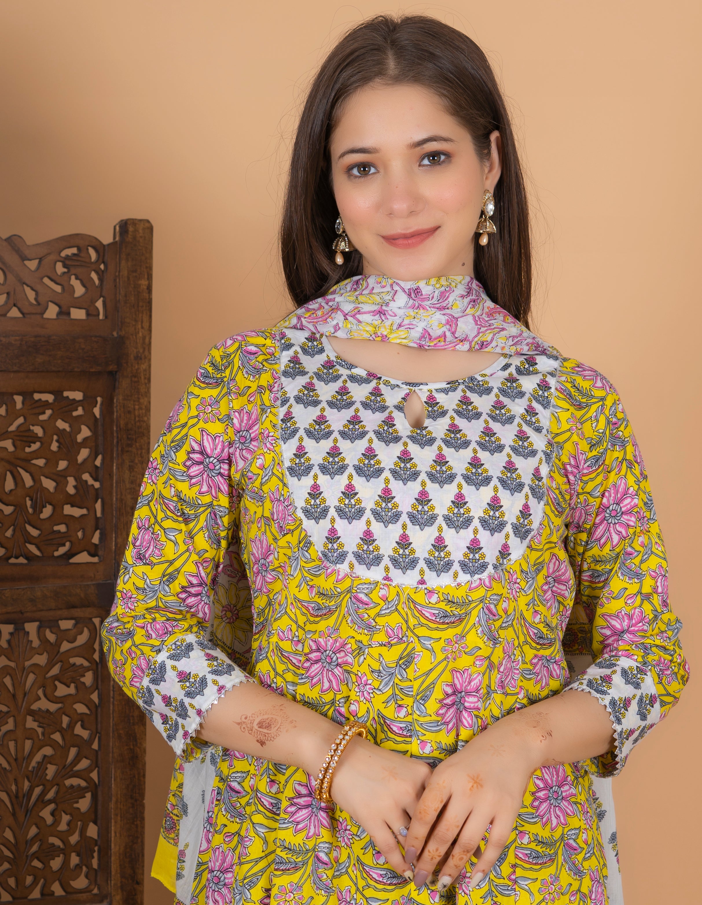 MEERA FAB Women's Cotton Printed Anarkali Kurta With Palazzo & Dupatta Set With Handwork