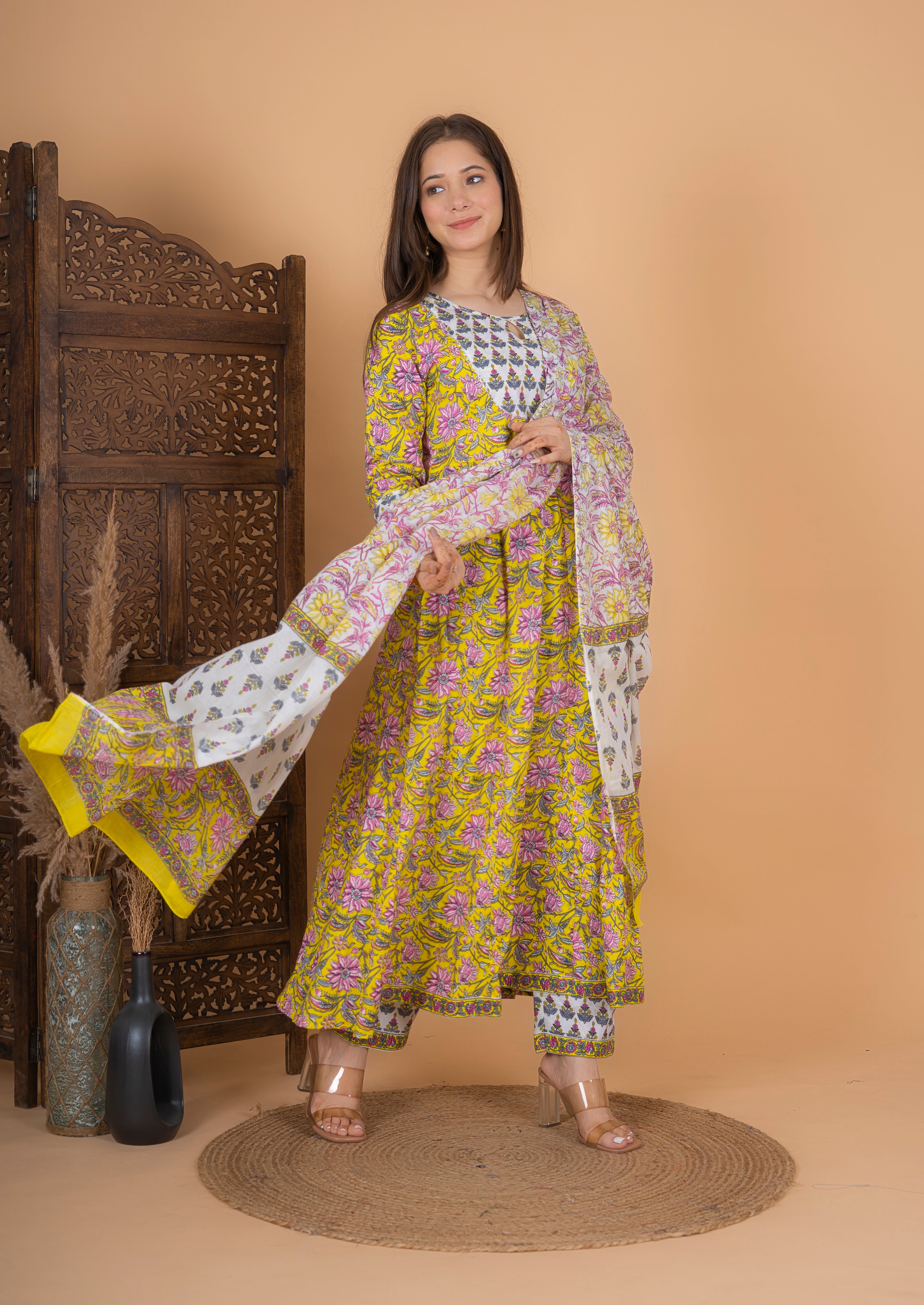 MEERA FAB Women's Cotton Printed Anarkali Kurta With Palazzo & Dupatta Set With Handwork