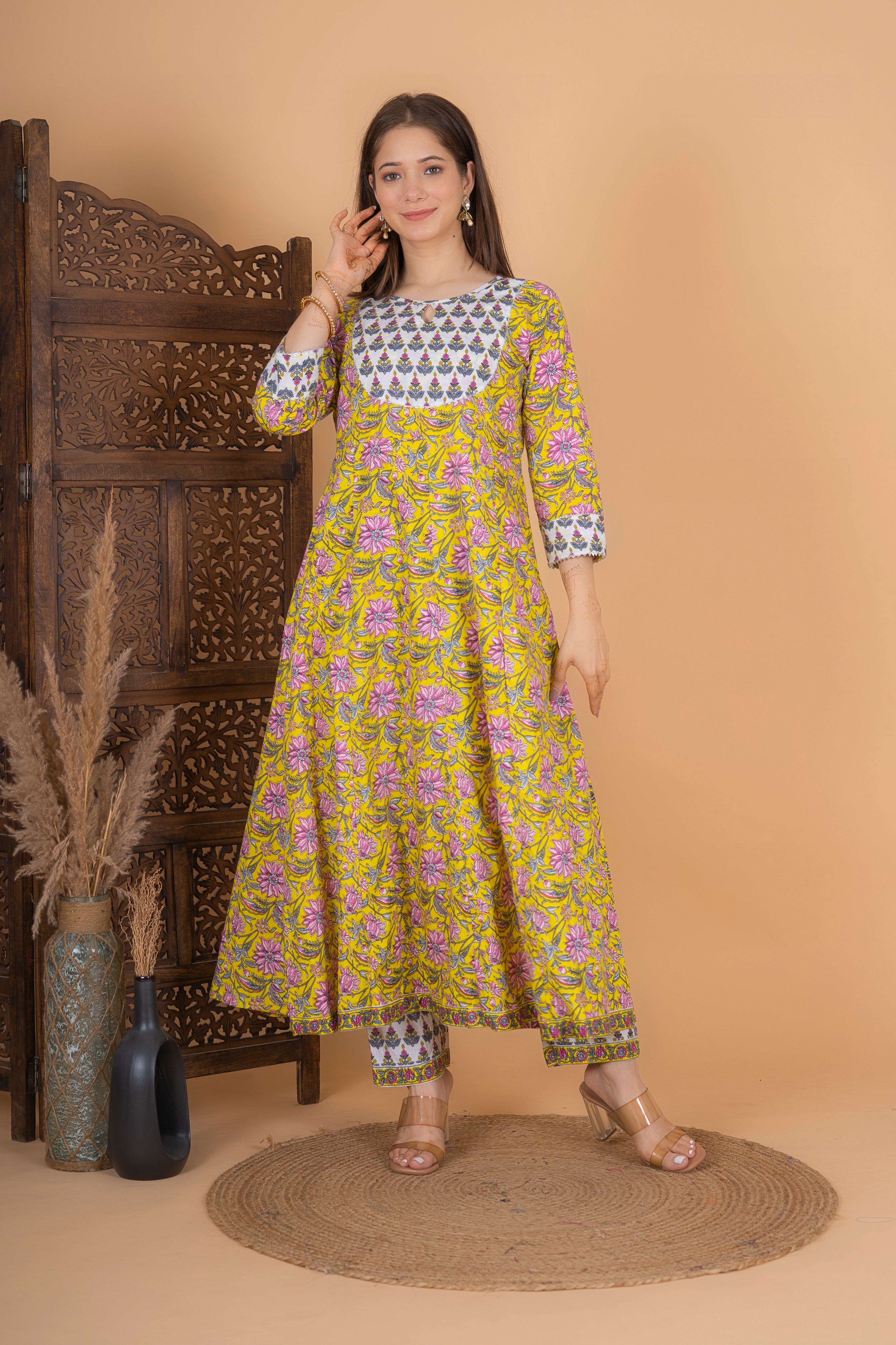 MEERA FAB Women's Cotton Printed Anarkali Kurta With Palazzo & Dupatta Set With Handwork