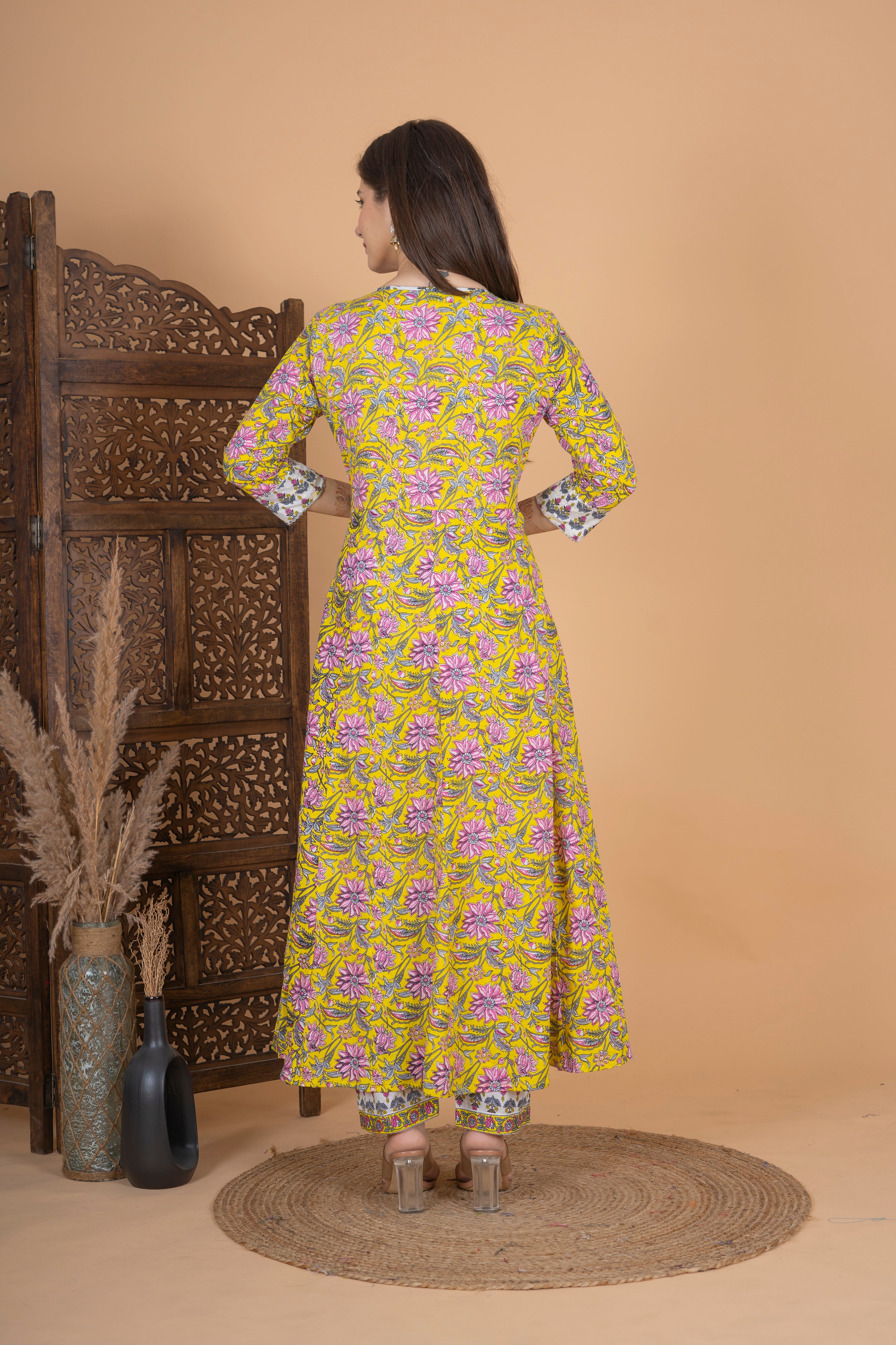 MEERA FAB Women's Cotton Printed Anarkali Kurta With Palazzo & Dupatta Set With Handwork