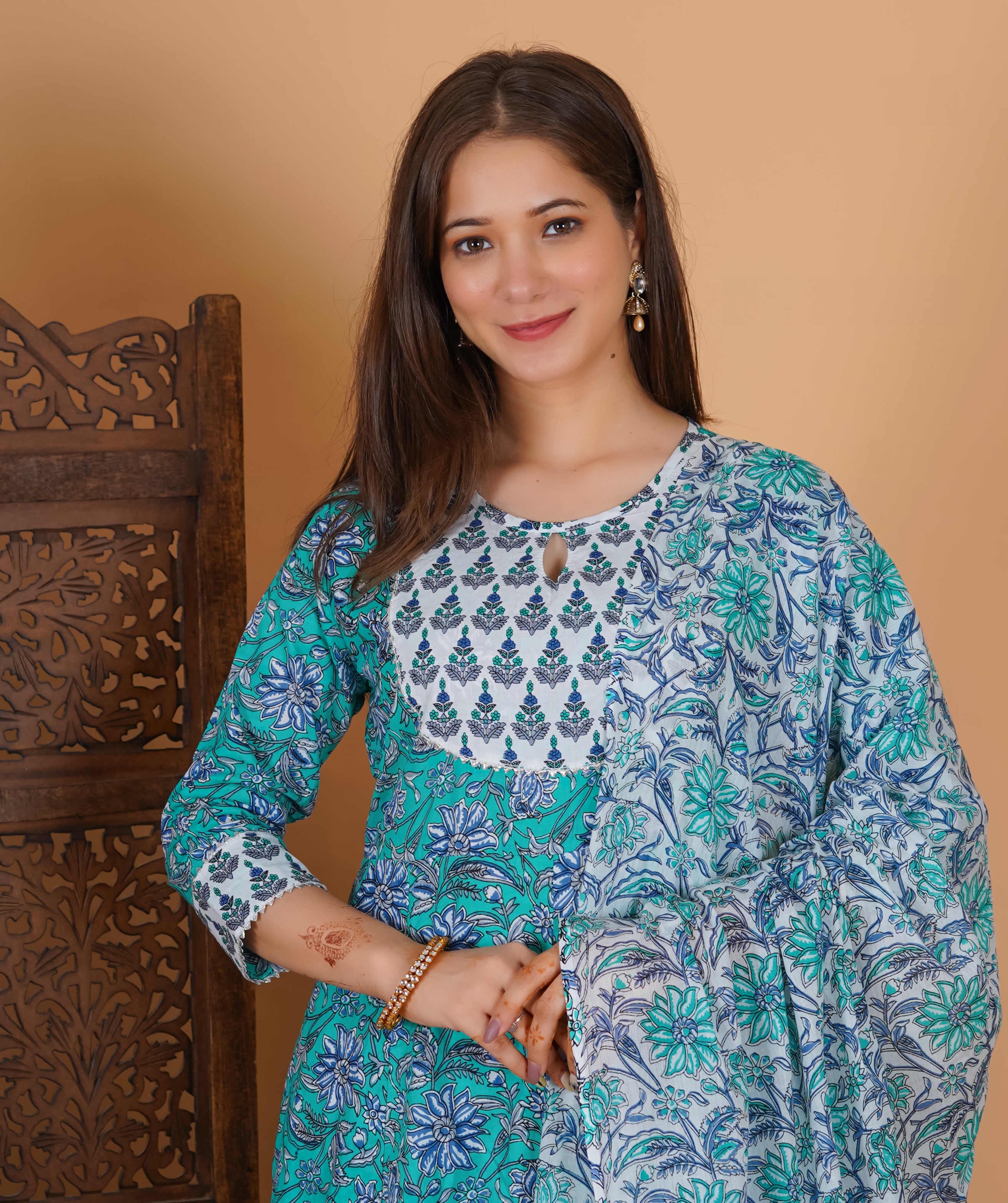 MEERA FAB Women's Cotton Printed Anarkali Kurta With Palazzo & Dupatta Set With Handwork