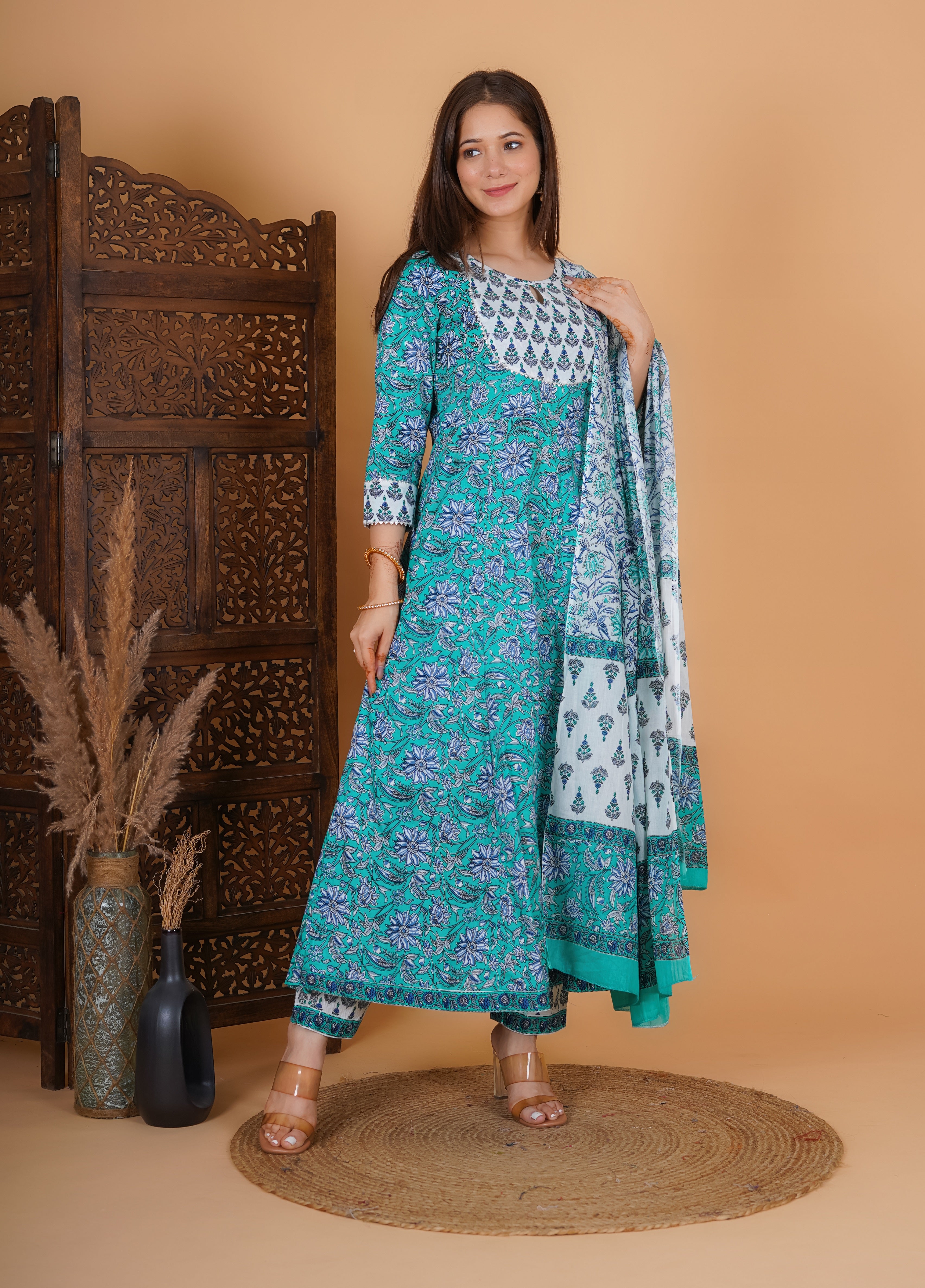 MEERA FAB Women's Cotton Printed Anarkali Kurta With Palazzo & Dupatta Set With Handwork