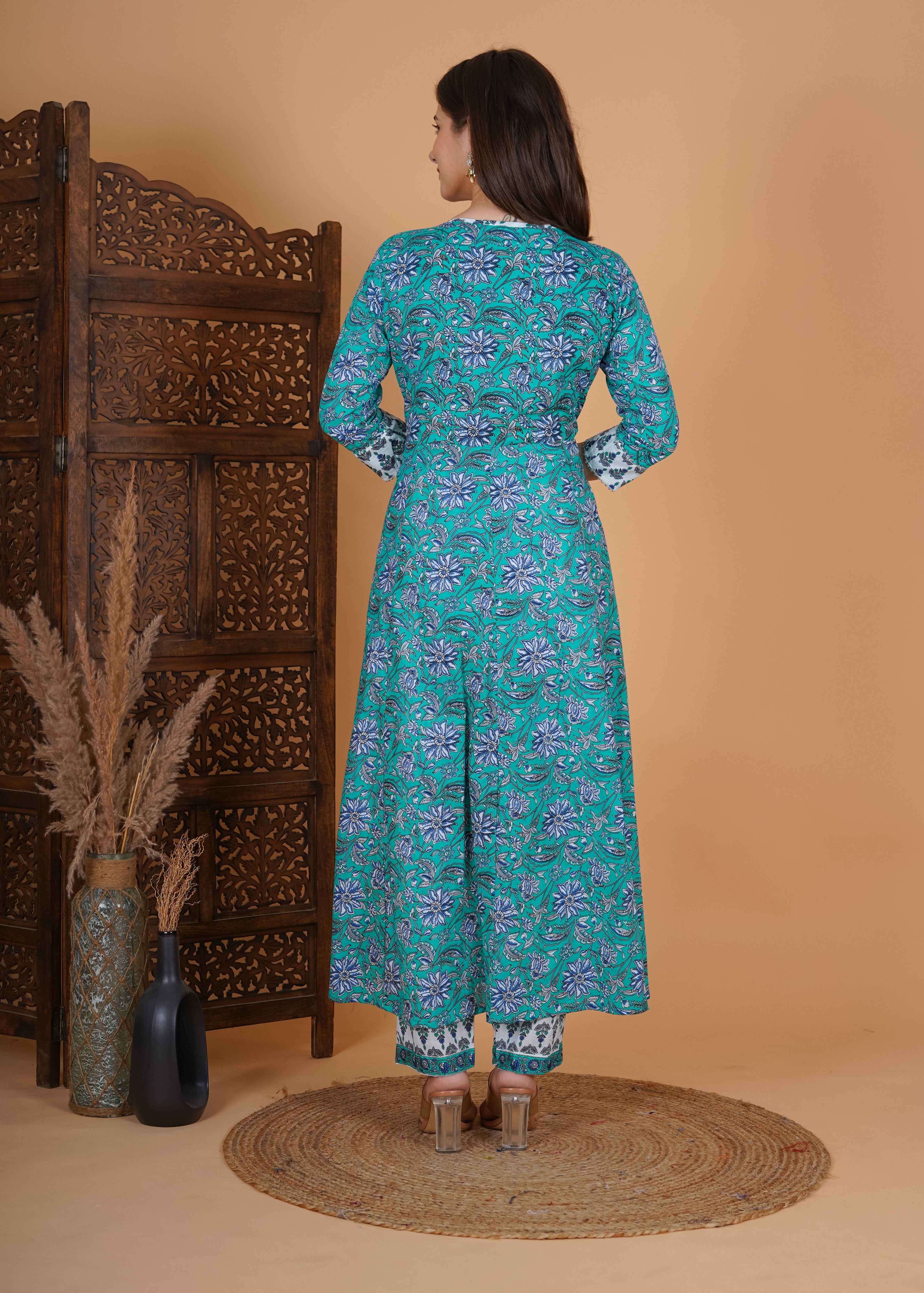 MEERA FAB Women's Cotton Printed Anarkali Kurta With Palazzo & Dupatta Set With Handwork