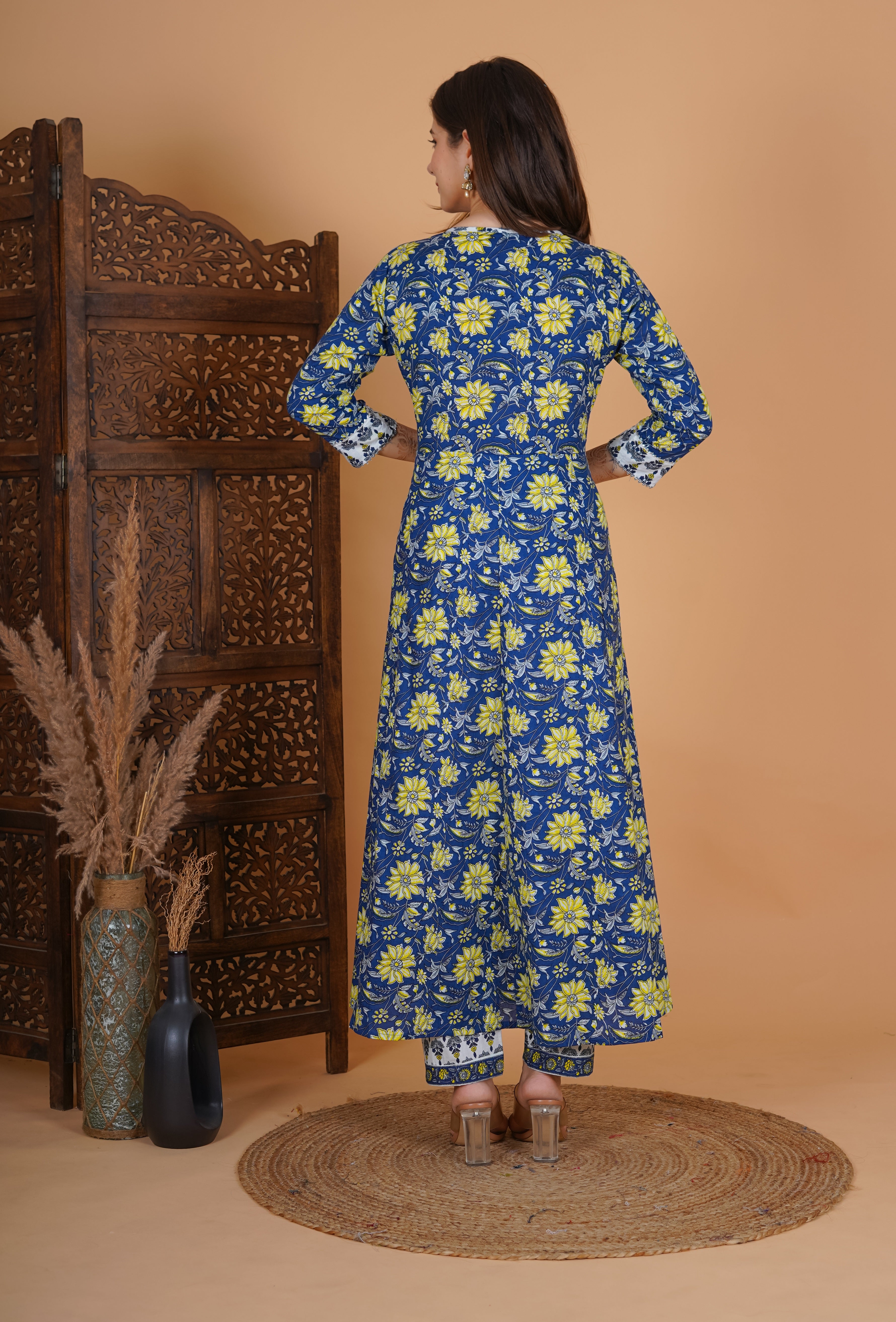 MEERA FAB Women's Cotton Printed Anarkali Kurta With Palazzo & Dupatta Set With Handwork