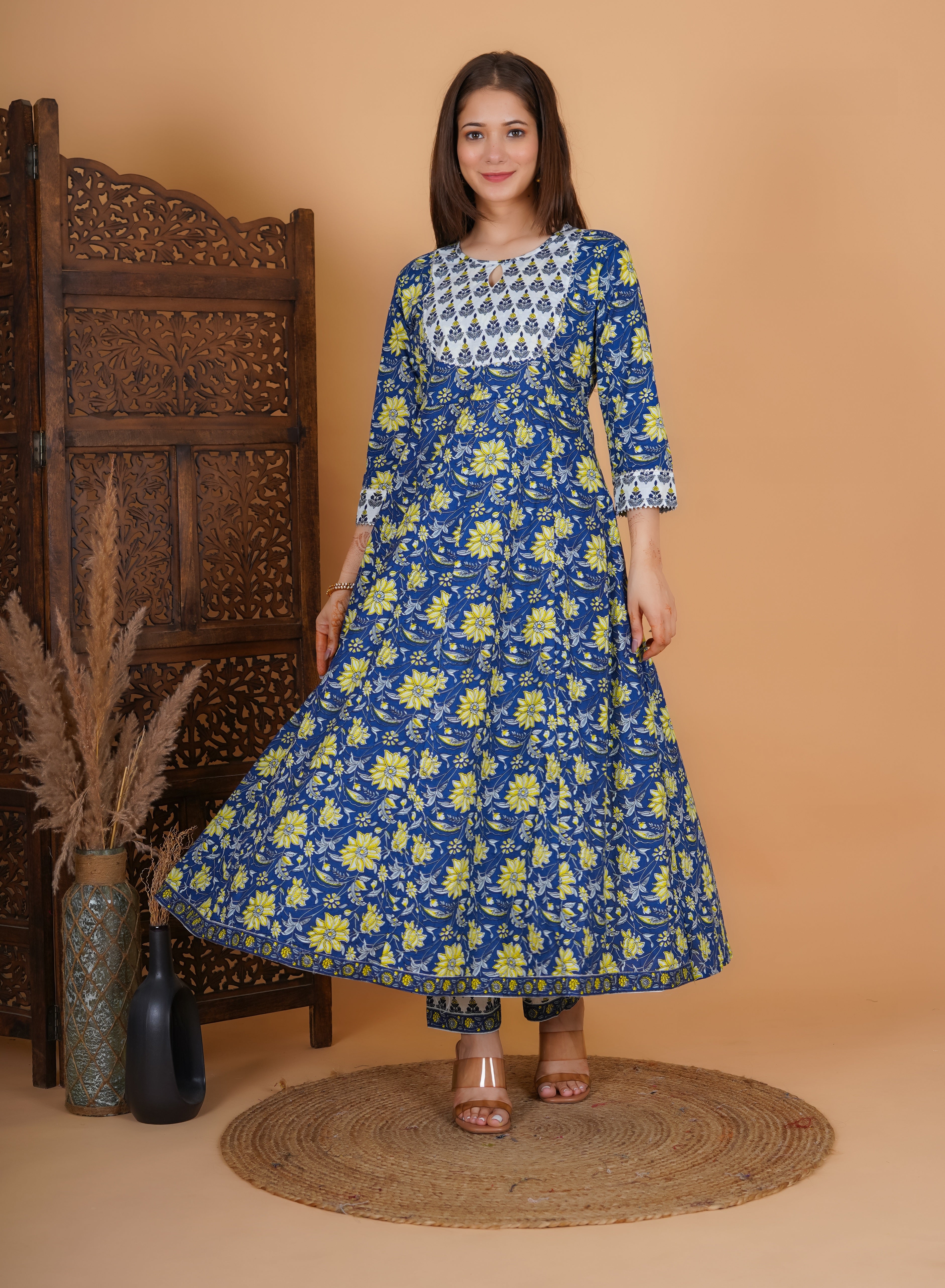 MEERA FAB Women's Cotton Printed Anarkali Kurta With Palazzo & Dupatta Set With Handwork