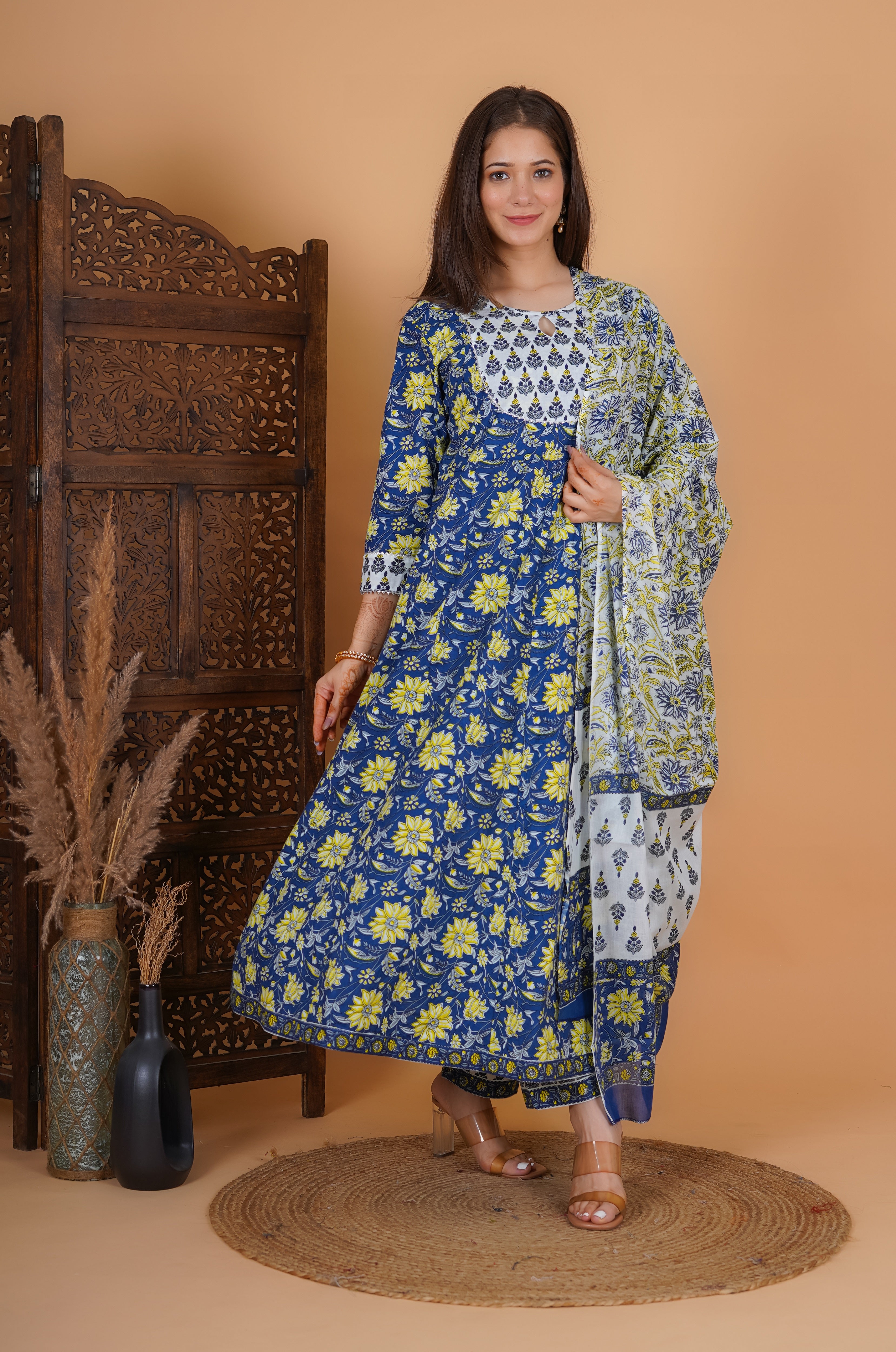 MEERA FAB Women's Cotton Printed Anarkali Kurta With Palazzo & Dupatta Set With Handwork