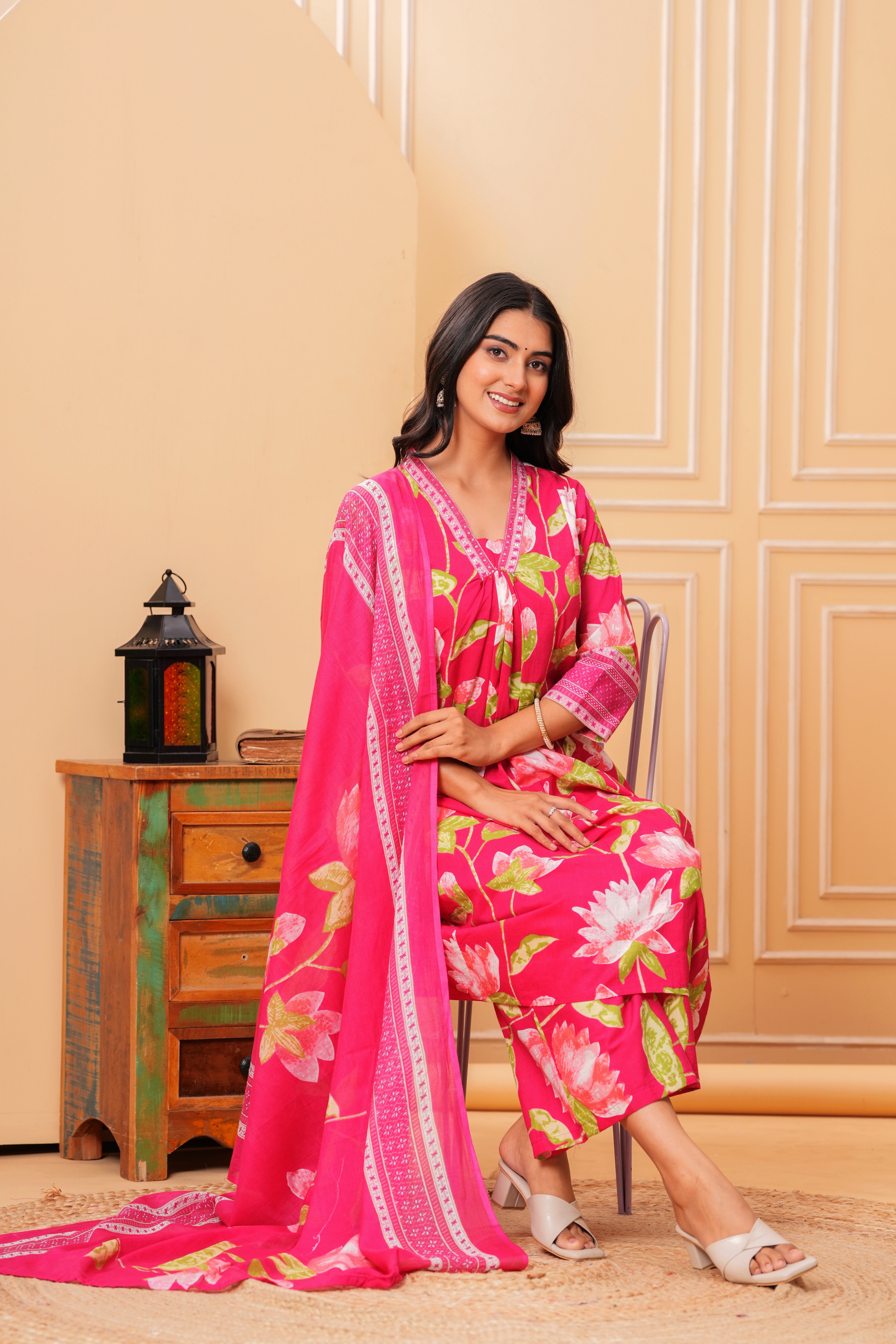 MEERA FAB Women's Pure Cotton Printed A-Line Kurta Set with Palazzo Pants & Dupatta