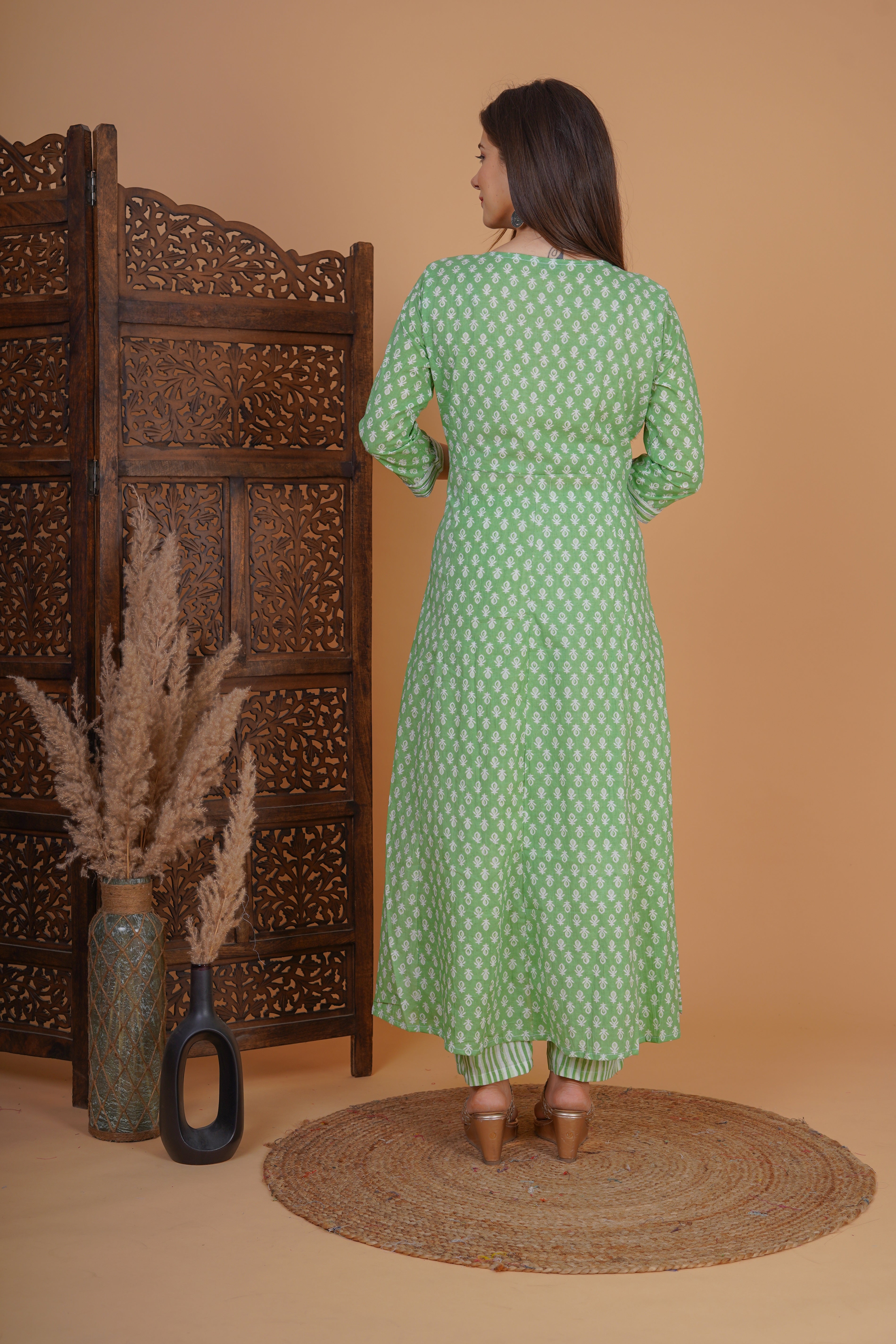 MEERA FAB Women's Cotton Printed Anarkali Kurta With Palazzo & Dupatta Set With Handwork