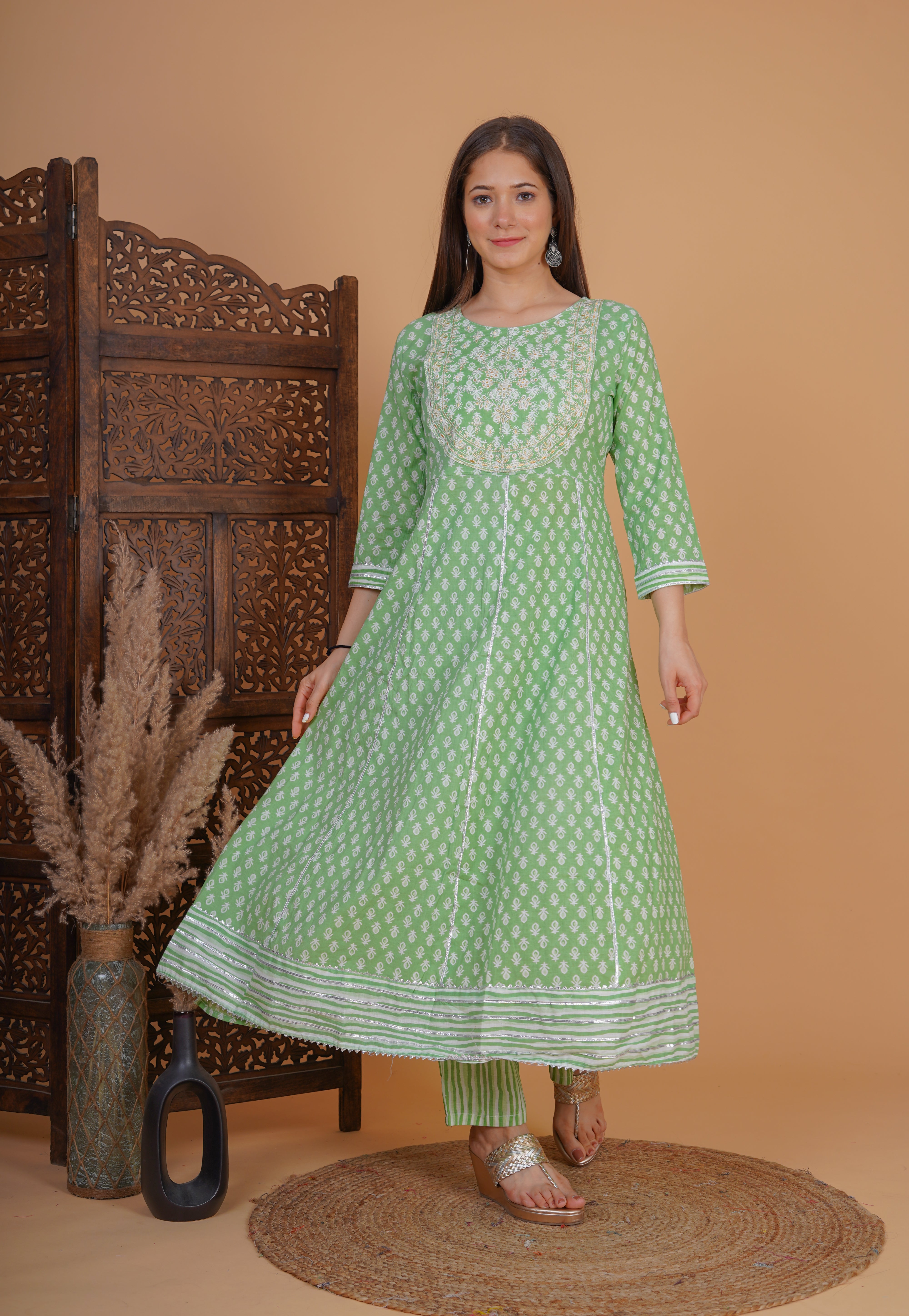 MEERA FAB Women's Cotton Printed Anarkali Kurta With Palazzo & Dupatta Set With Handwork