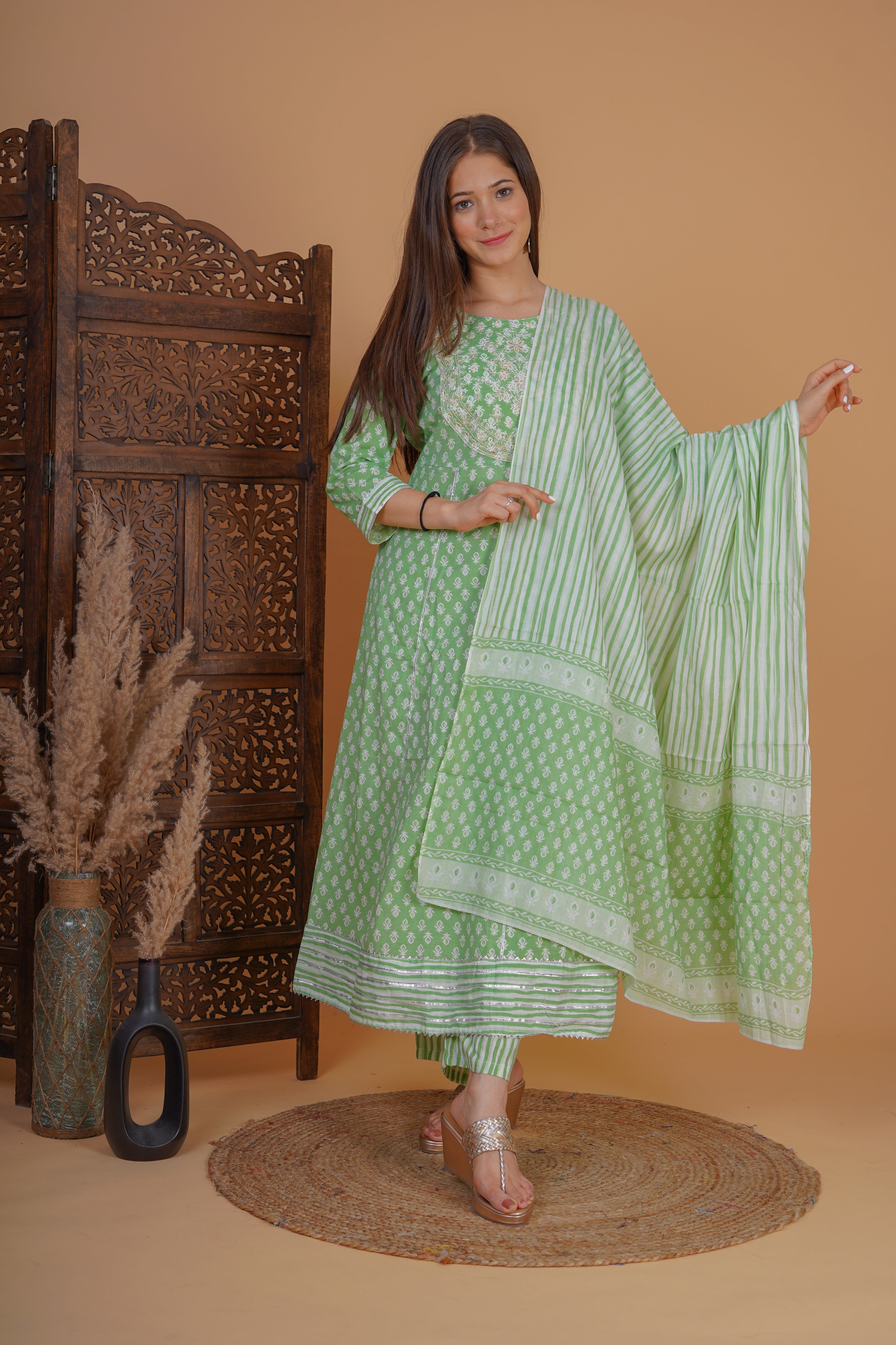 MEERA FAB Women's Cotton Printed Anarkali Kurta With Palazzo & Dupatta Set With Handwork