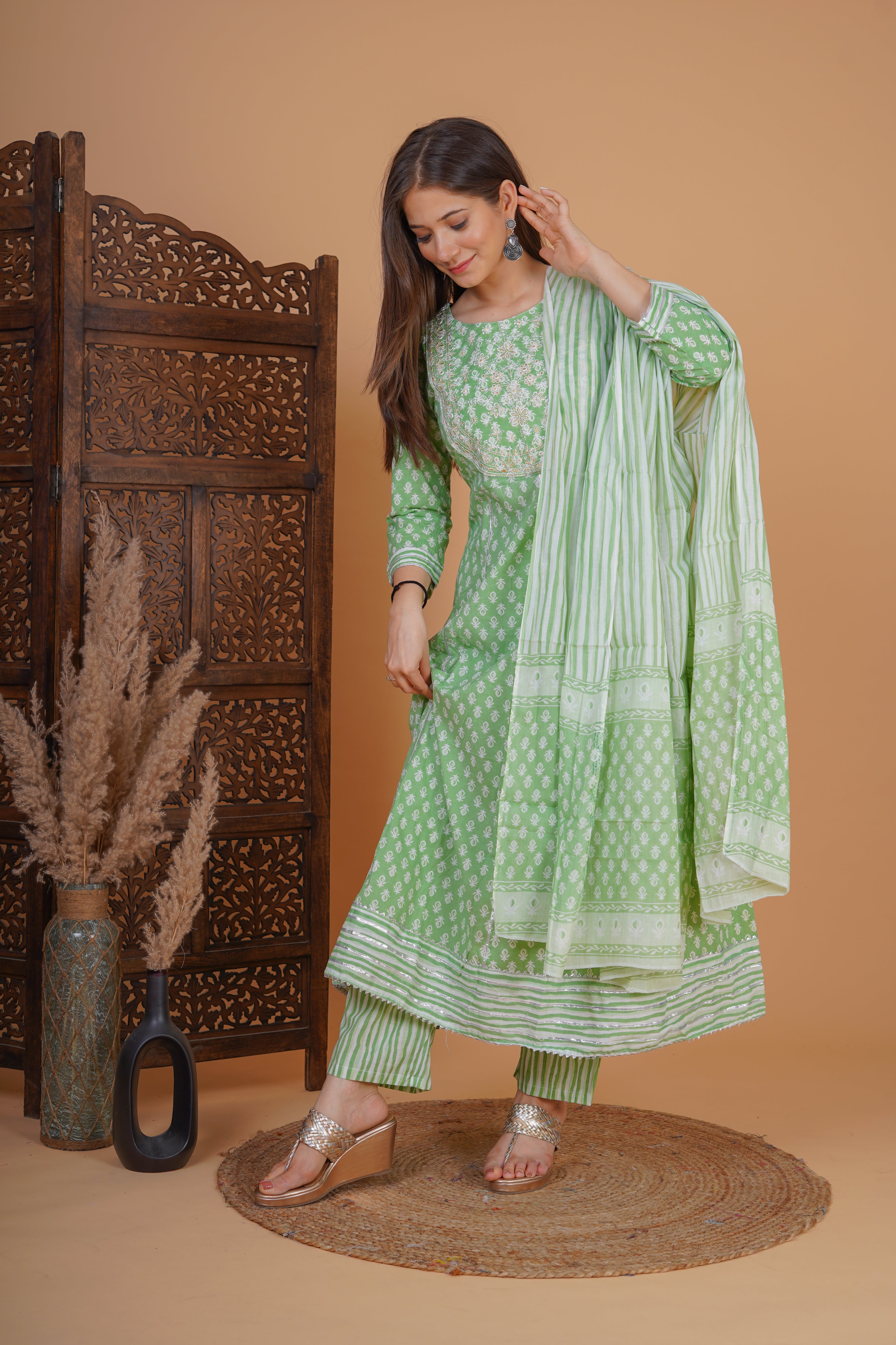 MEERA FAB Women's Cotton Printed Anarkali Kurta With Palazzo & Dupatta Set With Handwork