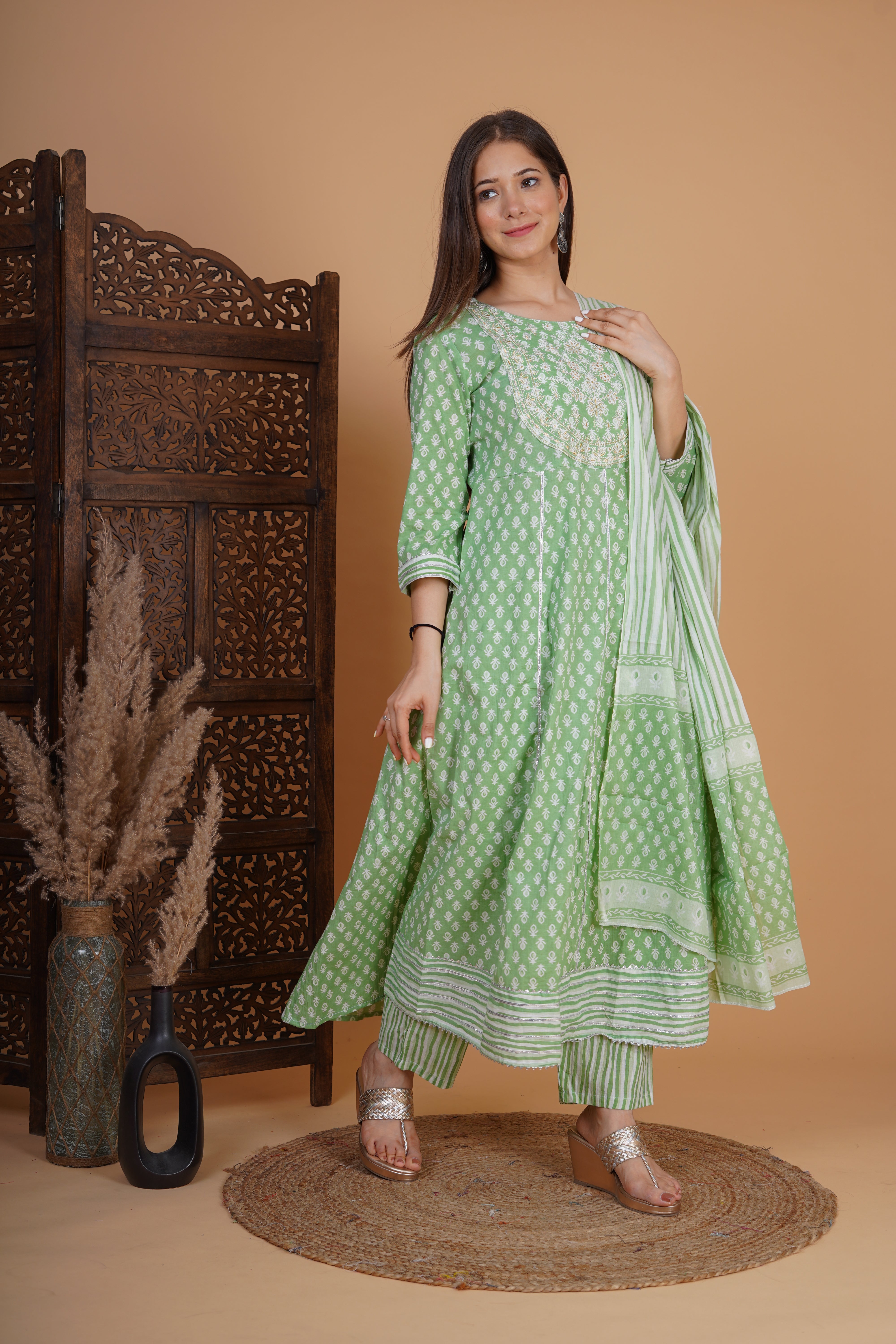 MEERA FAB Women's Cotton Printed Anarkali Kurta With Palazzo & Dupatta Set With Handwork