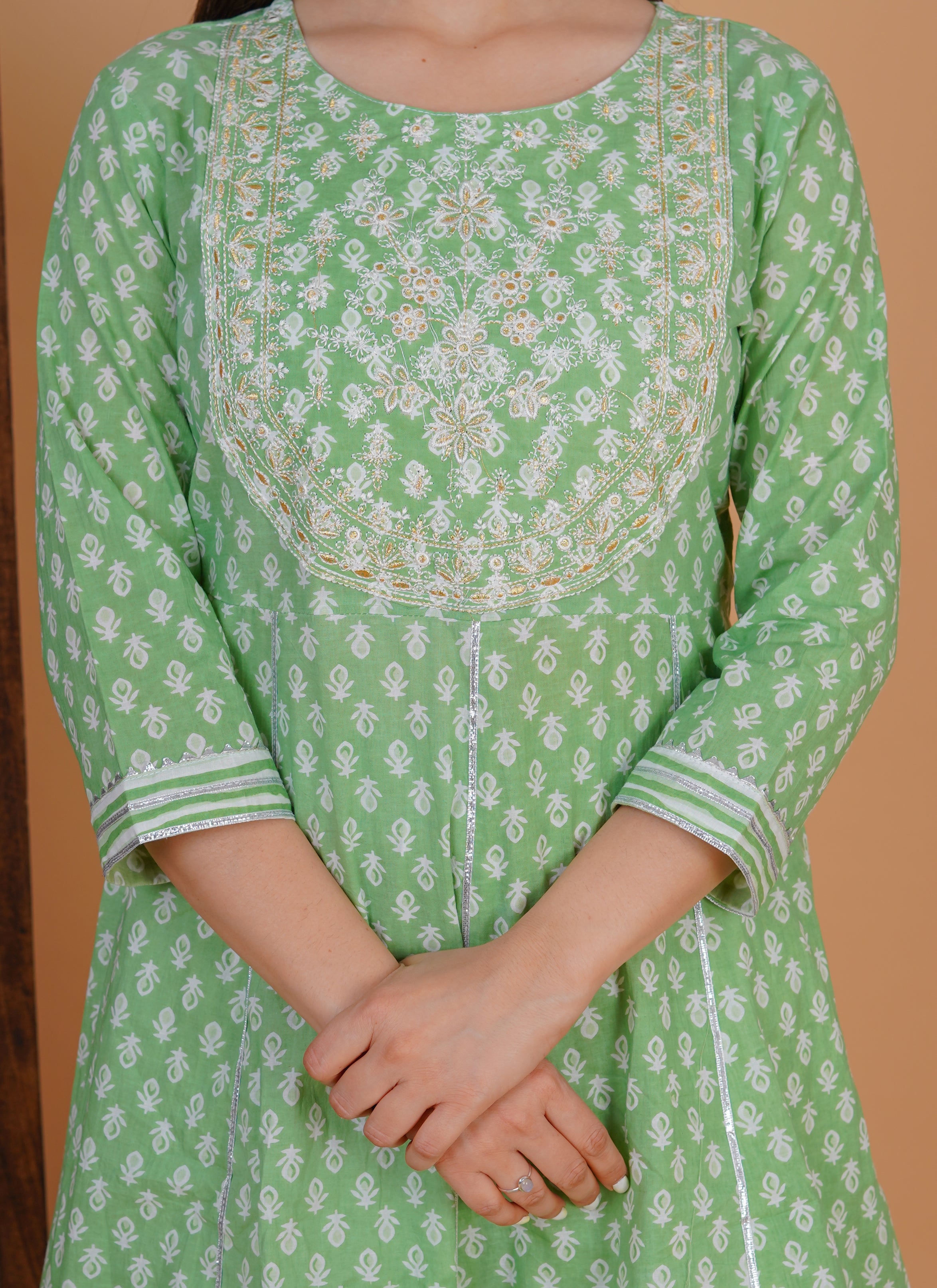 MEERA FAB Women's Cotton Printed Anarkali Kurta With Palazzo & Dupatta Set With Handwork