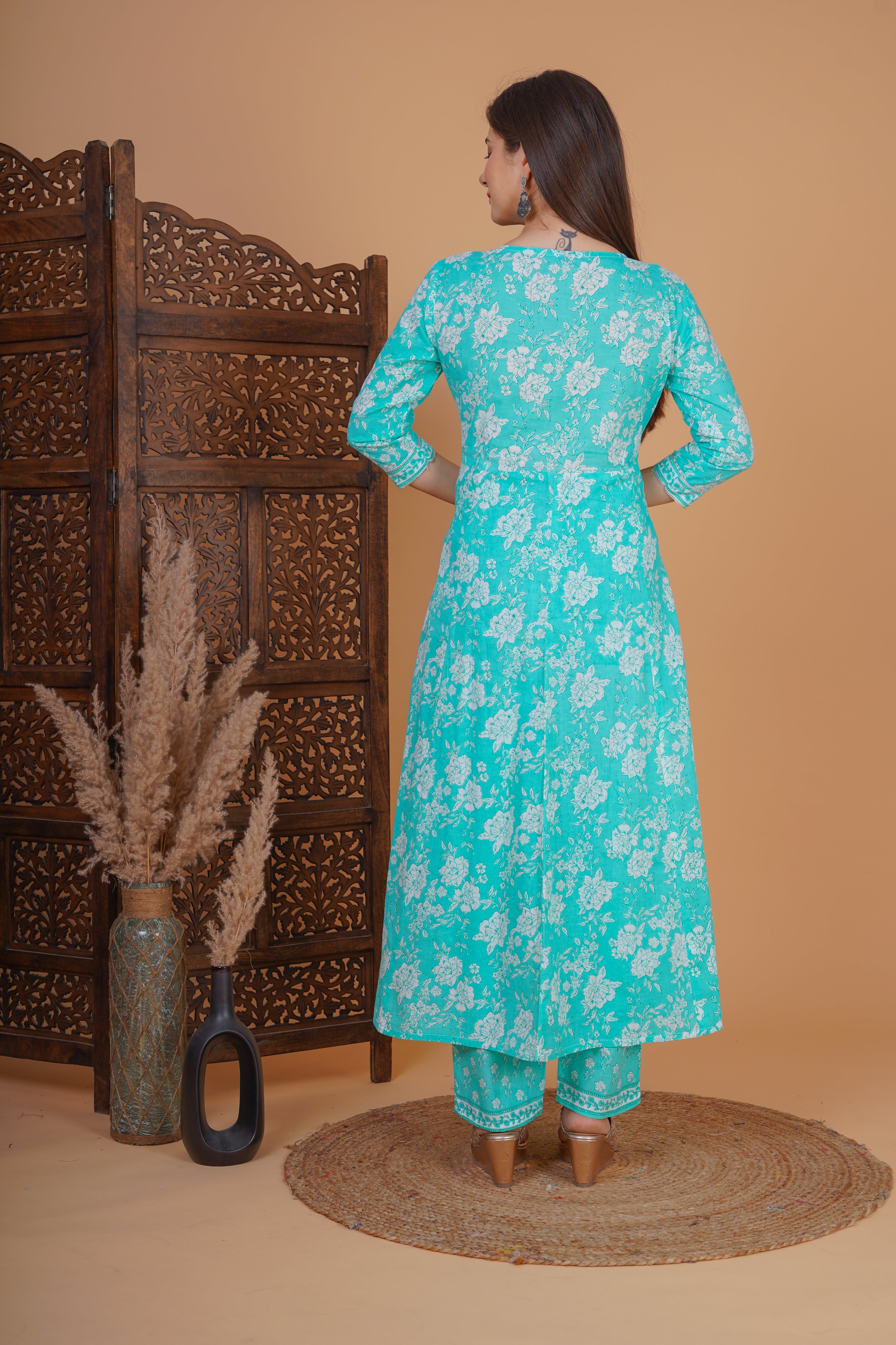 MEERA FAB Women's Cotton Printed Embrodriery Anarkali Kurta With Palazzo & Dupatta Set