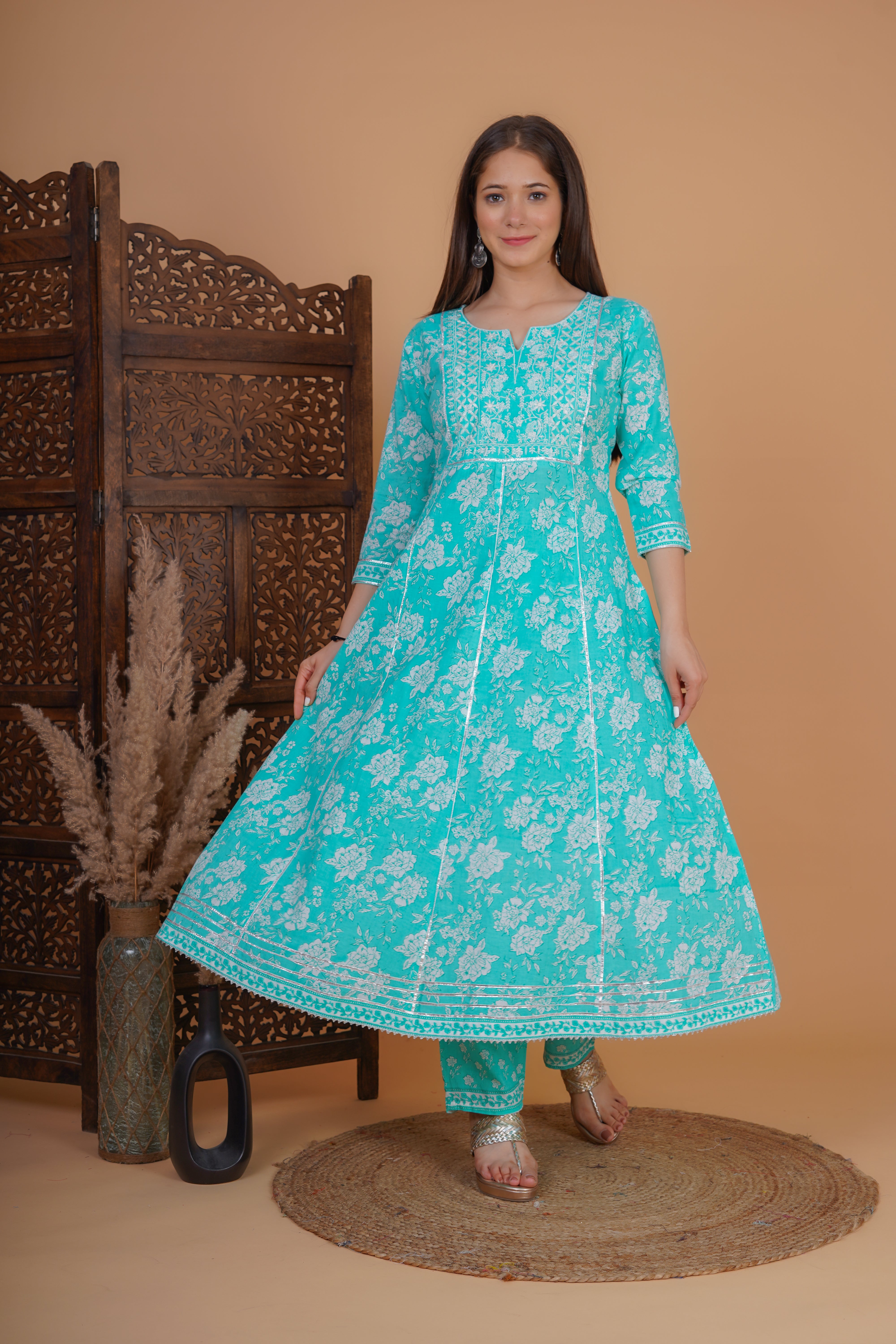 MEERA FAB Women's Cotton Printed Embrodriery Anarkali Kurta With Palazzo & Dupatta Set