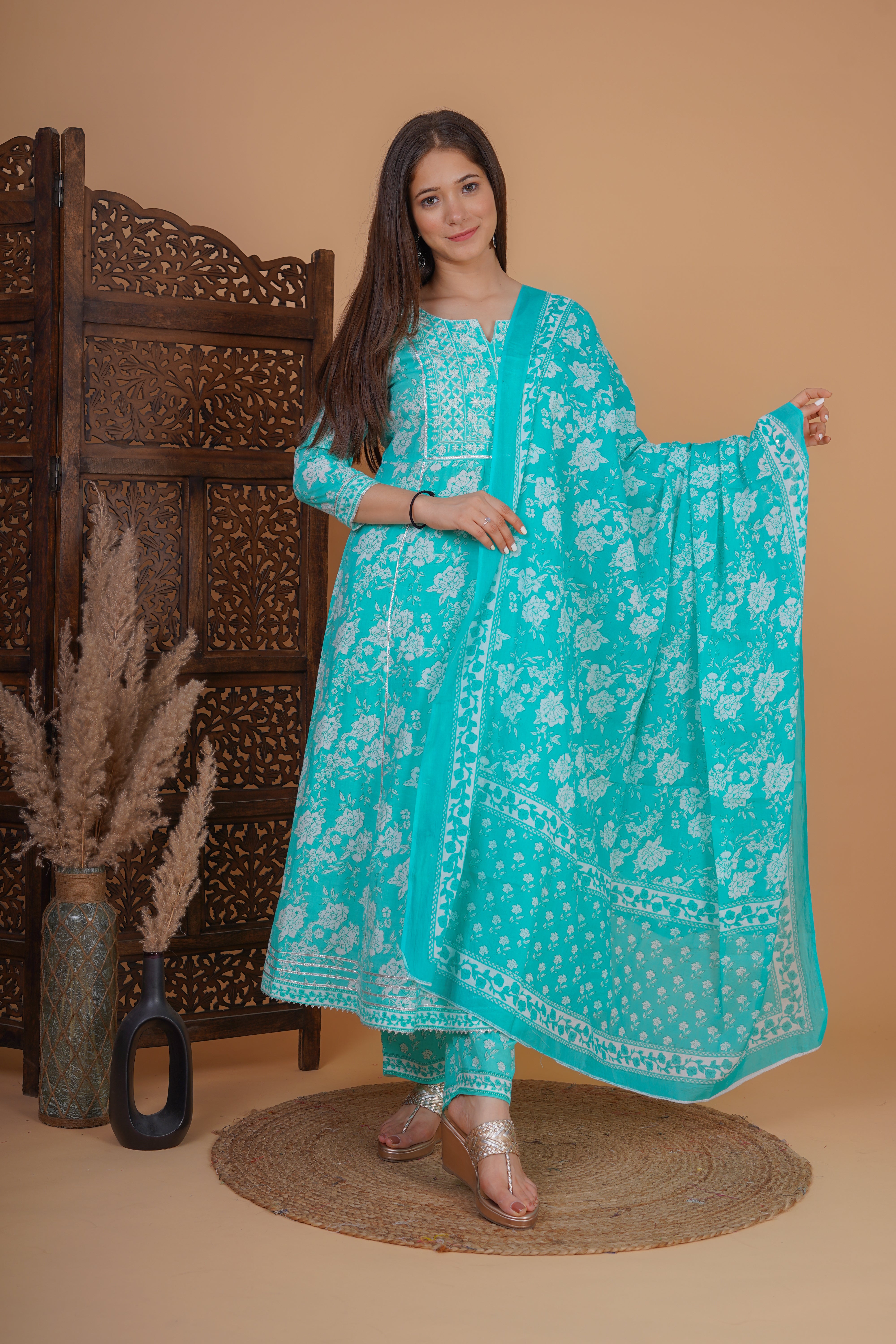 MEERA FAB Women's Cotton Printed Embrodriery Anarkali Kurta With Palazzo & Dupatta Set