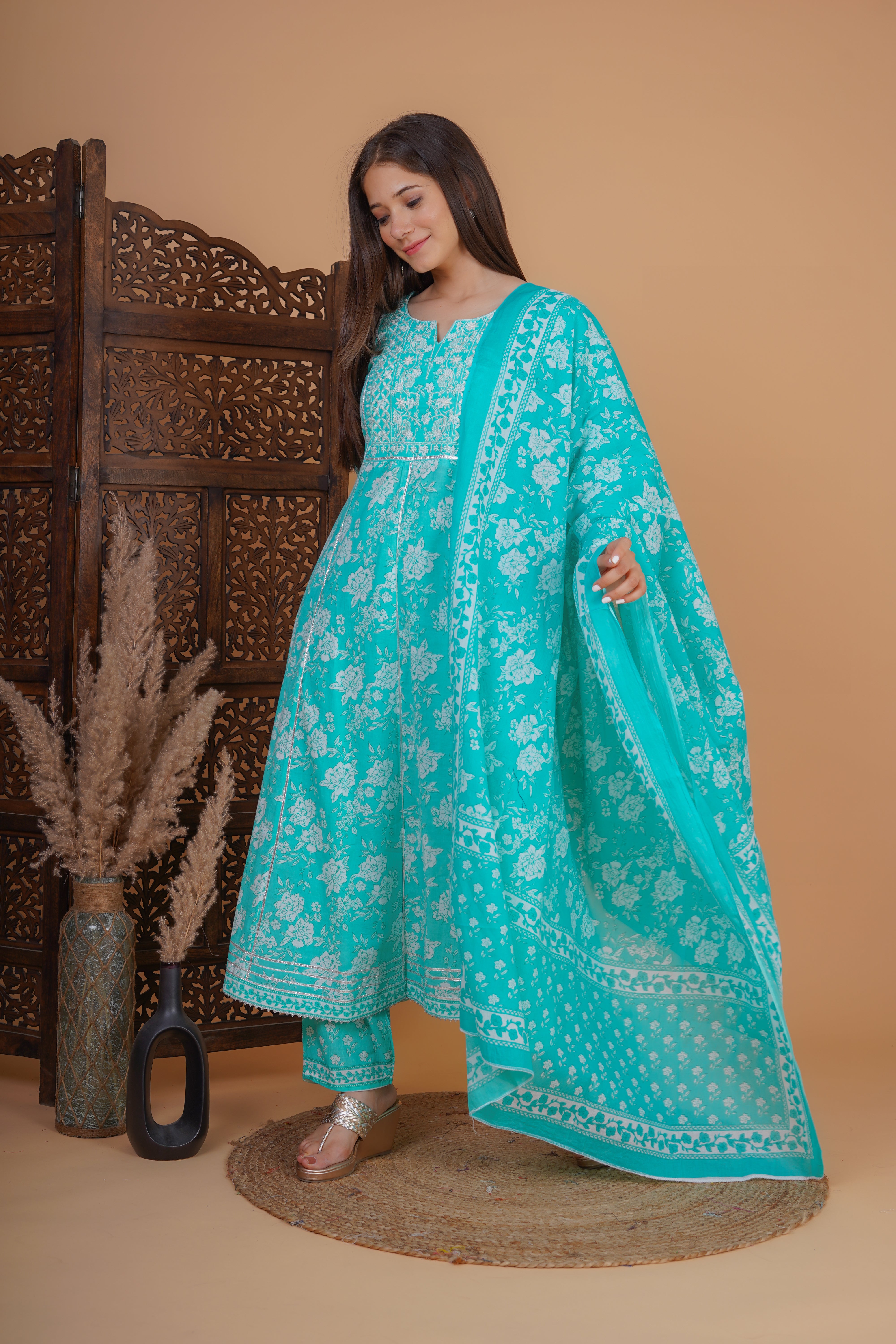 MEERA FAB Women's Cotton Printed Embrodriery Anarkali Kurta With Palazzo & Dupatta Set