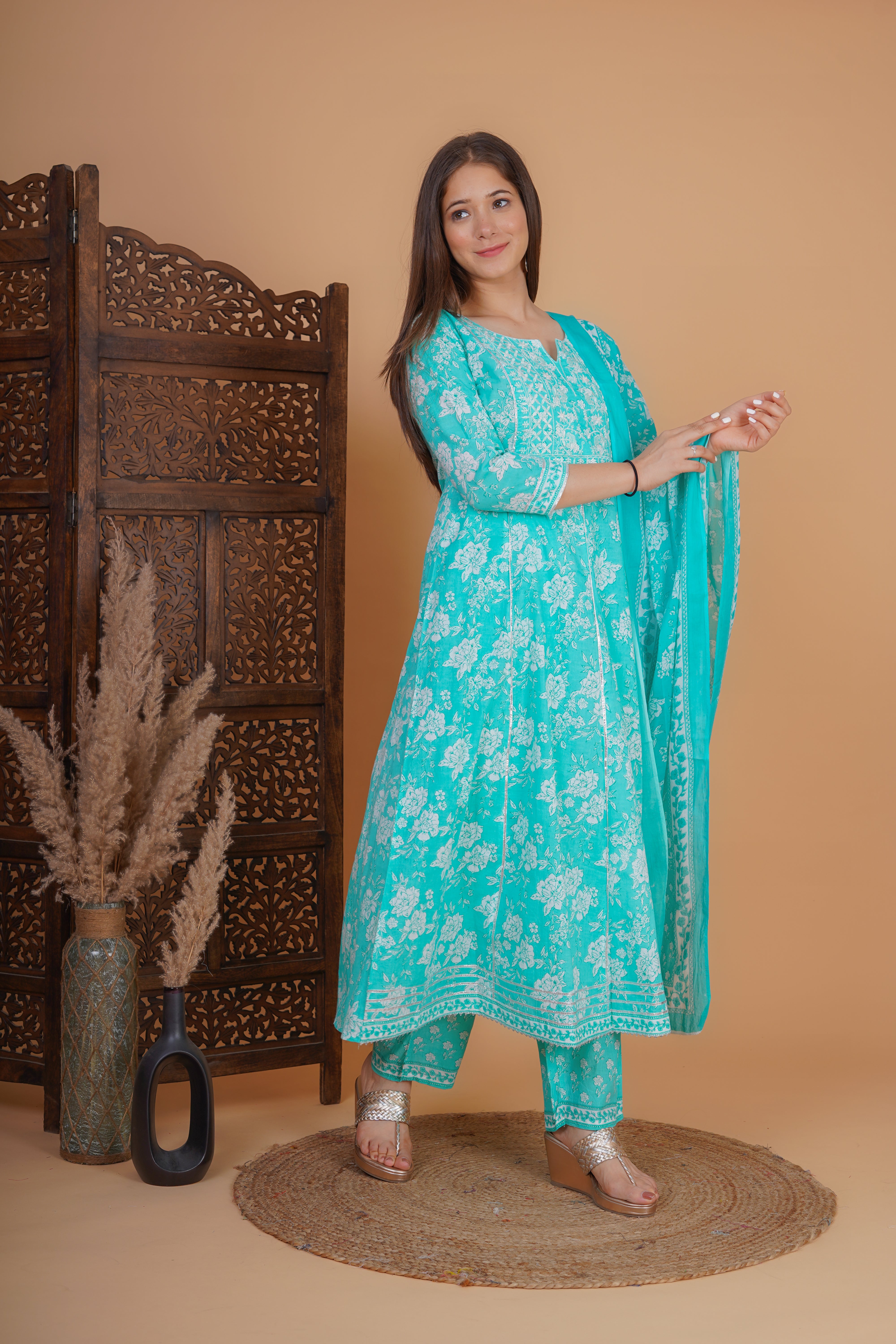 MEERA FAB Women's Cotton Printed Embrodriery Anarkali Kurta With Palazzo & Dupatta Set