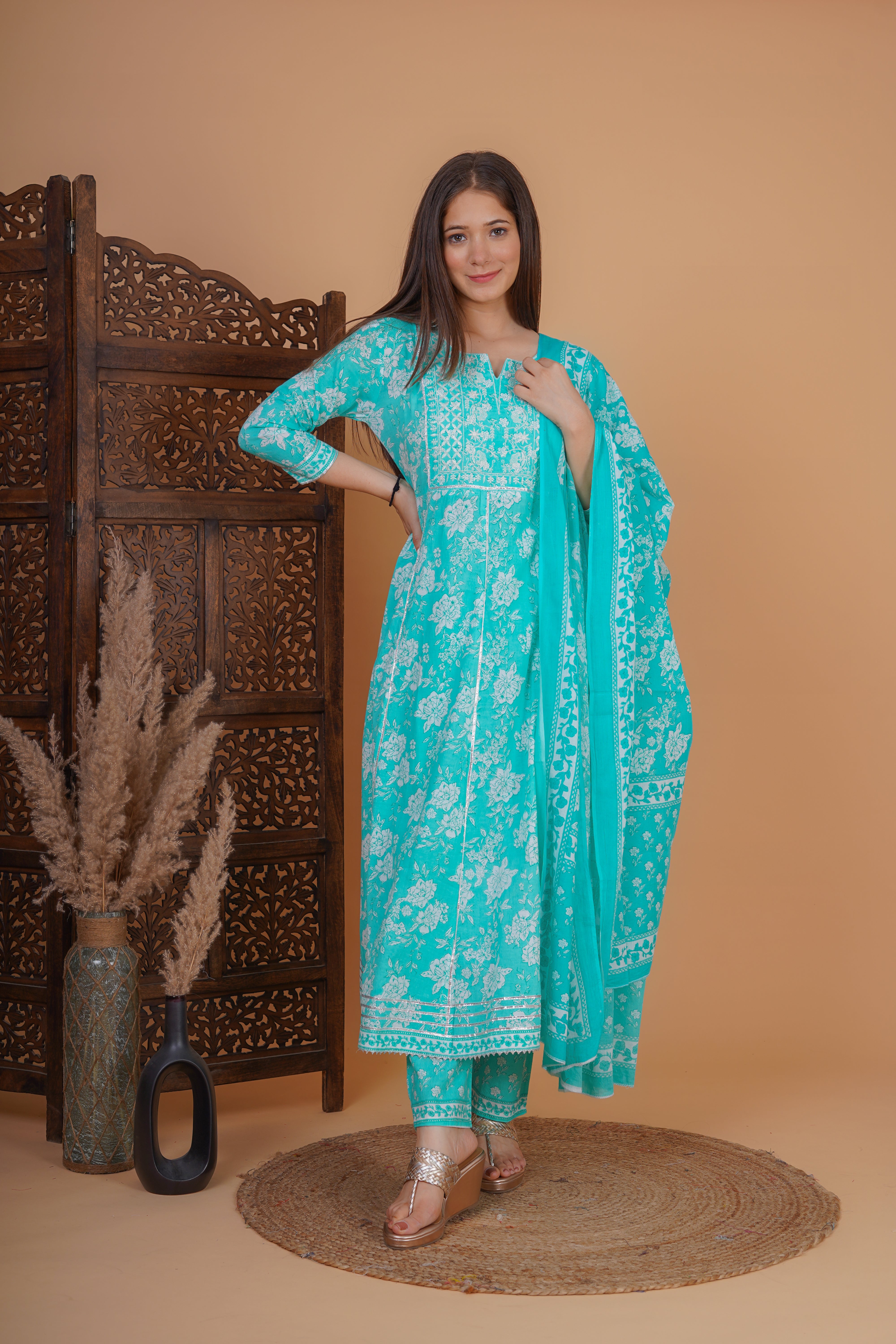 MEERA FAB Women's Cotton Printed Embrodriery Anarkali Kurta With Palazzo & Dupatta Set