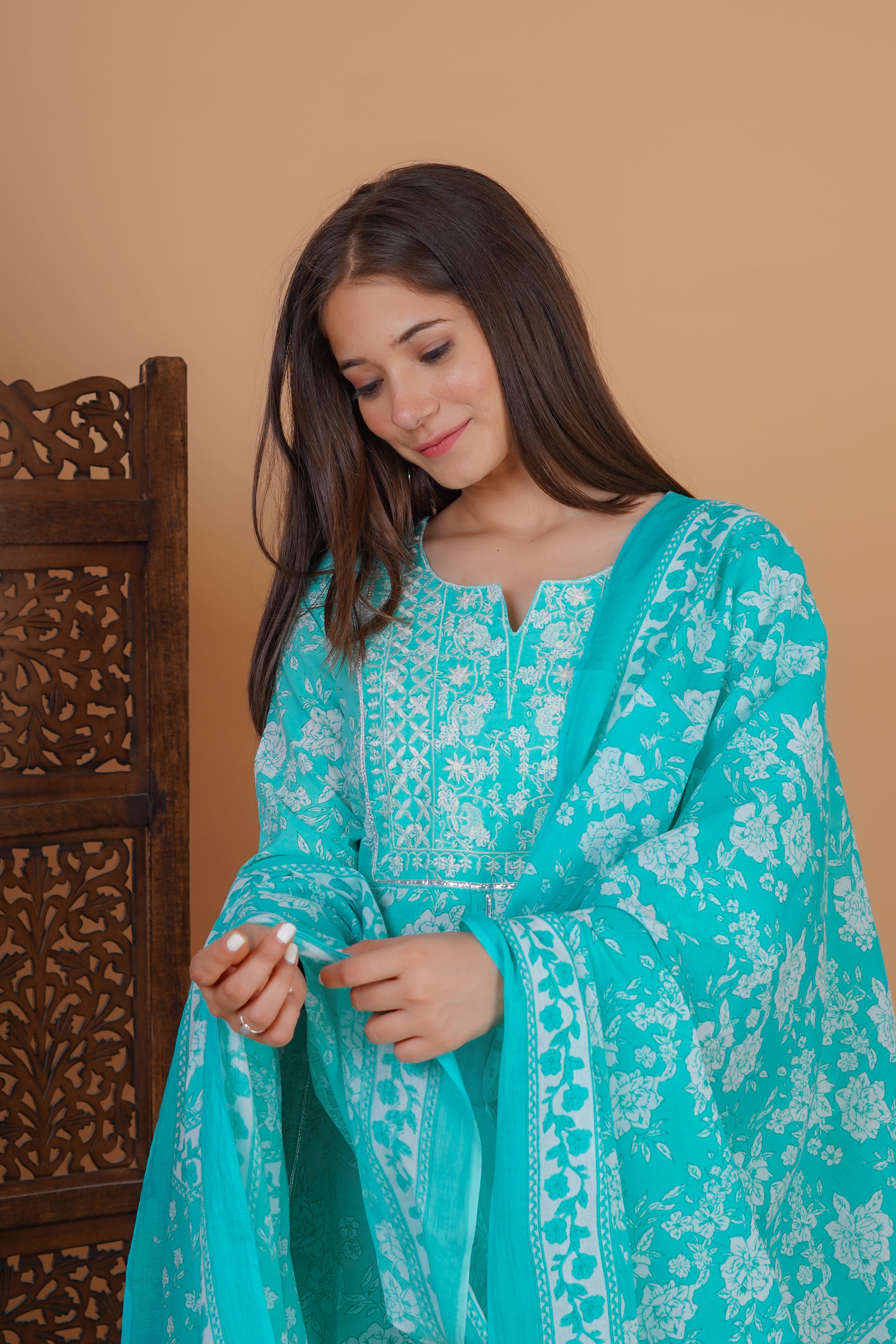 MEERA FAB Women's Cotton Printed Embrodriery Anarkali Kurta With Palazzo & Dupatta Set