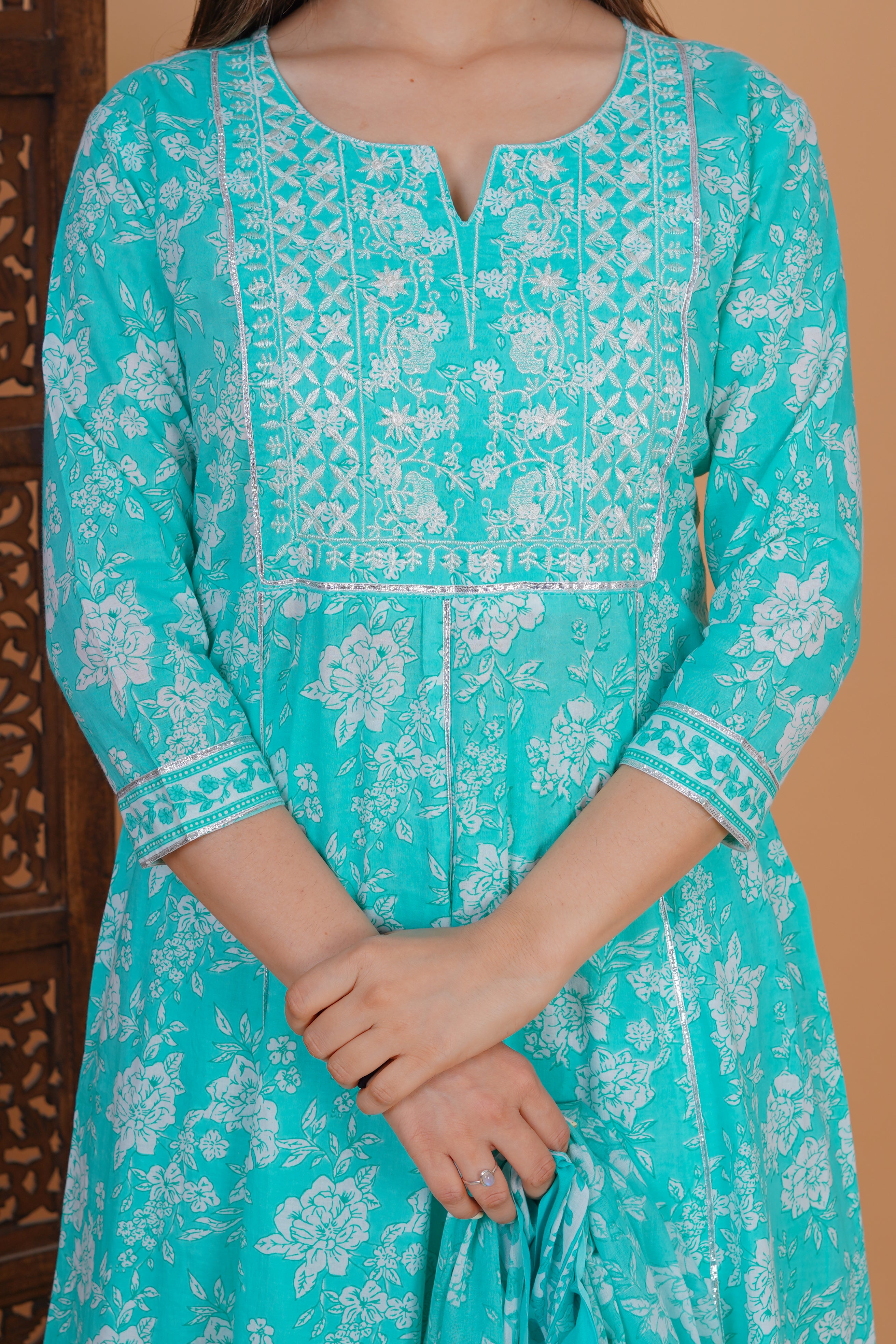 MEERA FAB Women's Cotton Printed Embrodriery Anarkali Kurta With Palazzo & Dupatta Set