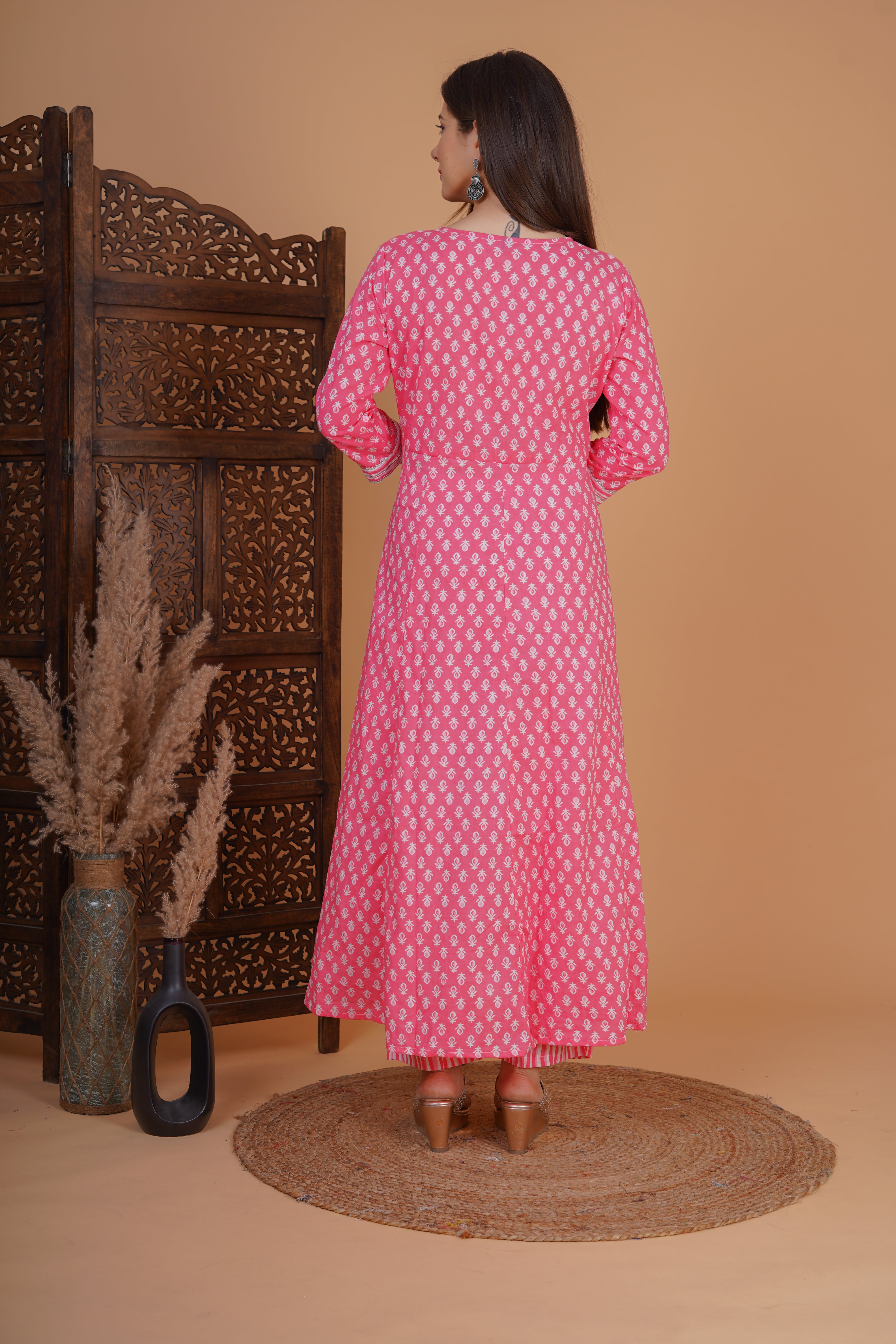 MEERA FAB Women's Cotton Printed Anarkali Kurta With Palazzo & Dupatta Set With Handwork